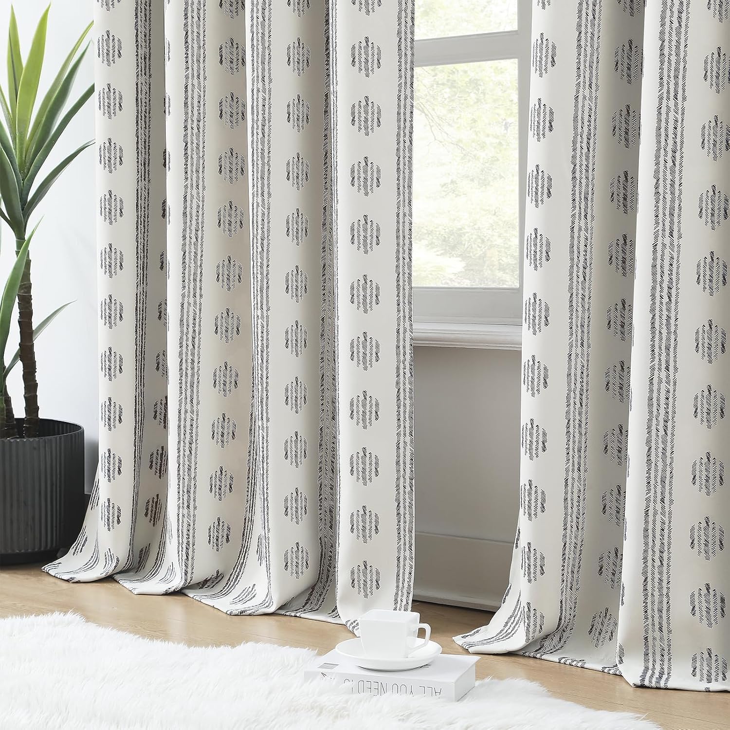 Melodieux Blackout Boho Curtains for Bedroom 84 Inch Length 2 Panels Set Black on Beige Striped Pattern Cotton Bedroom Curtains Grommet Room Darkening Curtains for Living Room Thermal Insulated