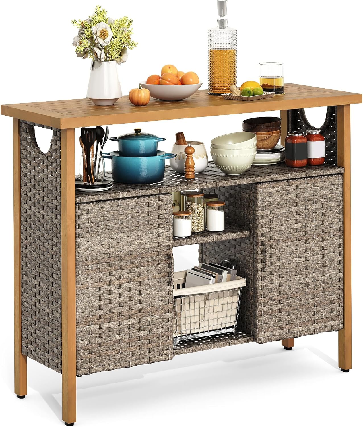 YITAHOME Large Outdoor Bar Table, Wicker Outdoor Storage Cabinet with Adjustable Shelves, All-Weather Patio Sideboard for Yard, Garden, Kitchen (Brown)