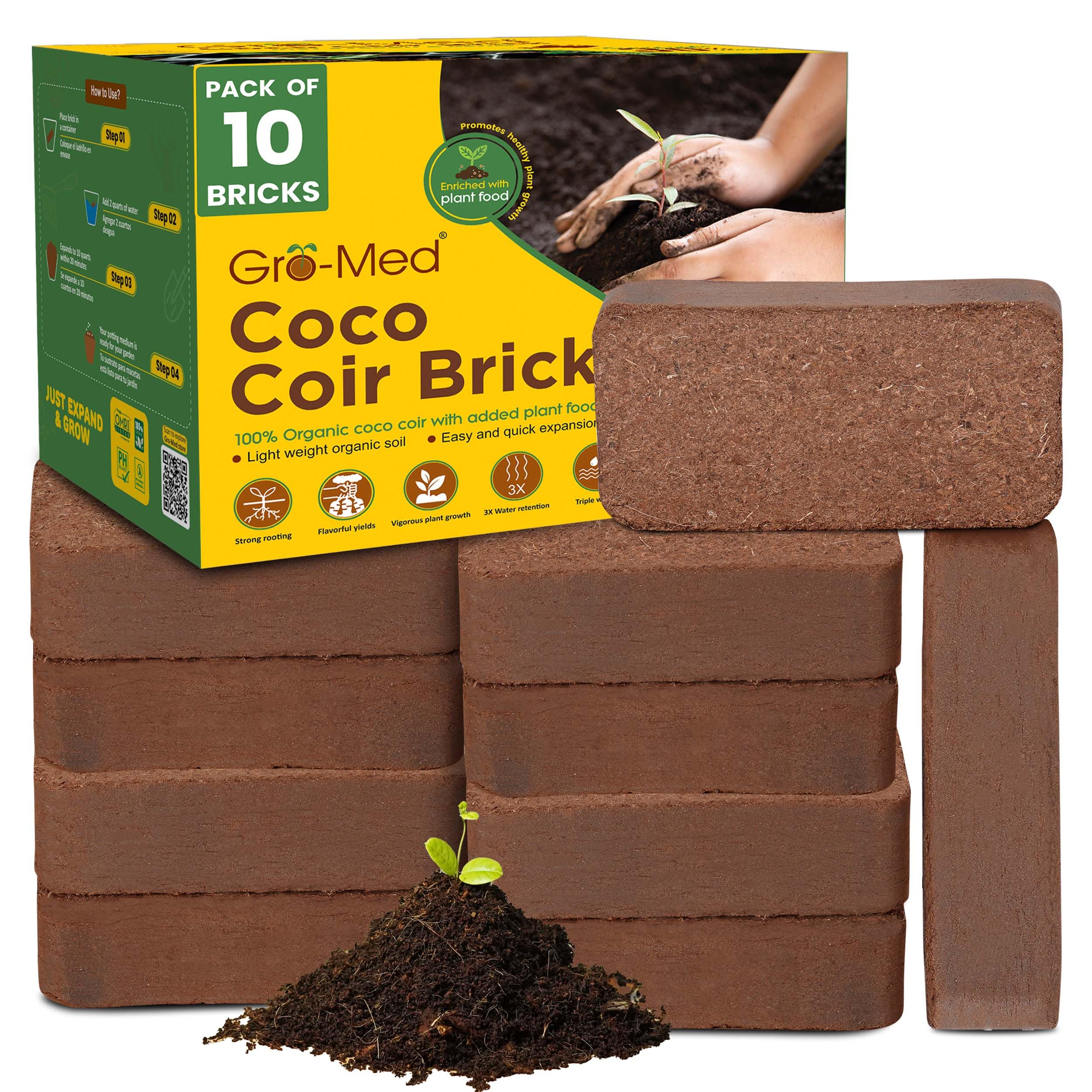 Gro-Med Coco Coir Brick 10s Pack – 1.4 lb Each,Expands to 100 Quarts, Enriched with NPK, Organic Potting Soil Mix for Plants,Seed Starting,Herbs,Flowers and Ideal Reptile Bedding for Snakes &Terrarium