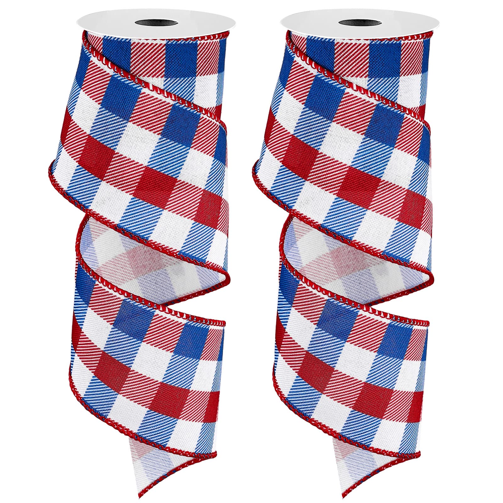 Whaline 2 Rollen 4. Juli Drahtrand Plaids Band Patriotisches Büffelkaro Band Rot Blue Plaids Ribbon 6,3 cm Bauernhaus Bastelband für Independence Day DIY Geschenkverpackung Schleife Dekor, 9,1 m