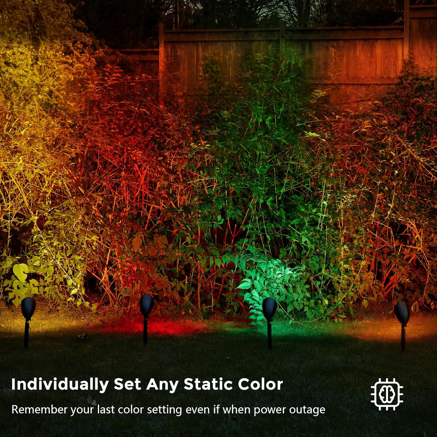 Four spotlights illuminating bushes in red, green, yellow, and orange, with text indicating 'Individually Set Any Static Color' and 'Remember your last color setting even if when power outage'.