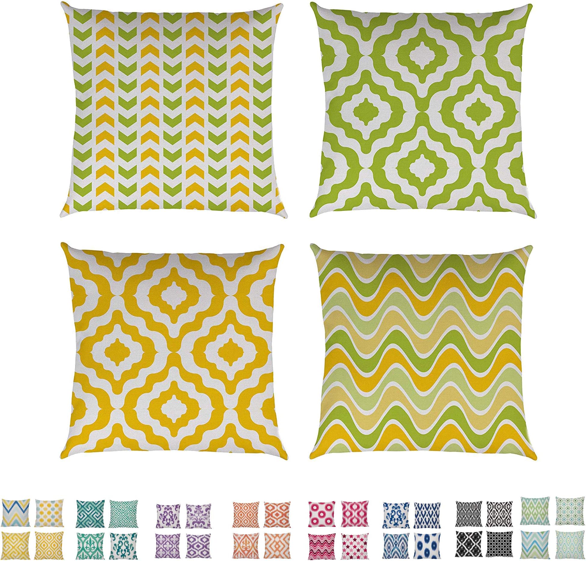 Comoco Set of 4 Cotton Linen Decorative Throw Pillow Case Burlap Cushion Cover 18" x 18" 45cm x 45cm-(Geometric Style Green & Yellow)