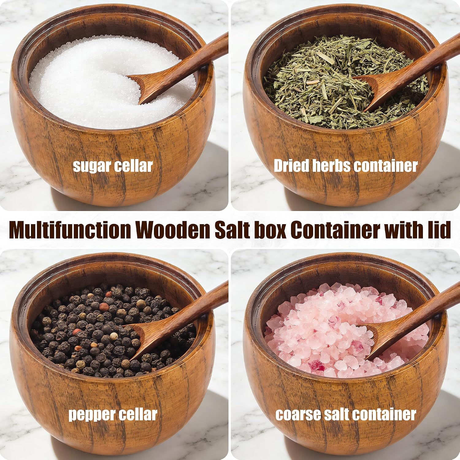 Wooden Salt Cellar with Lid and Spoon 5.7 oz Kitchen Wooden Salt Box for Sea Salt,Spices and Herbs（1pcs）