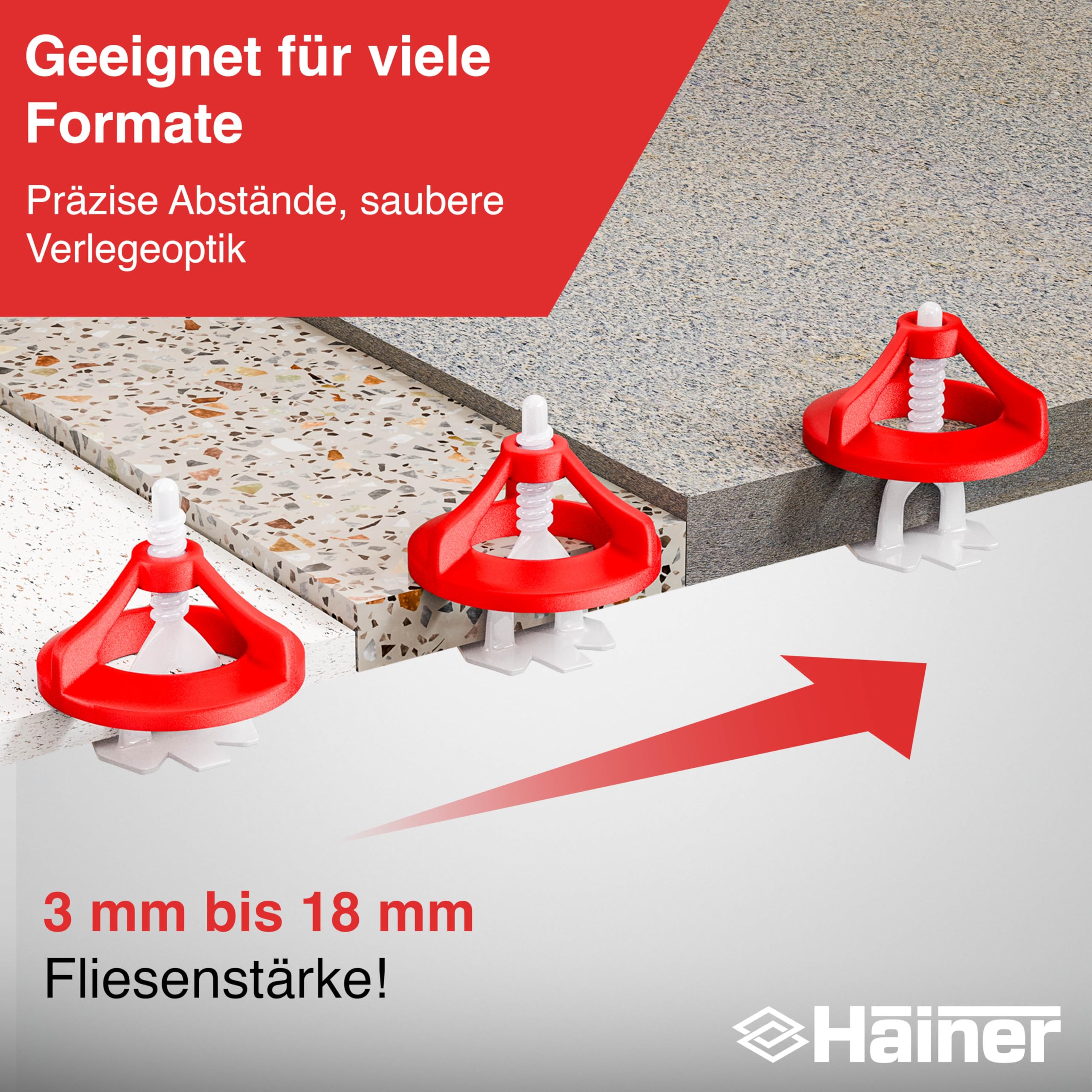 Hainer® Premium Fliesen Nivelliersystem Fliesenverlegehilfe | Saubere Fugen durch perfekte Abstandshalter, für Heimwerker & Profis inkl. Ebook und Anleitung (Set 100 Hauben + 200 Laschen, 2mm)