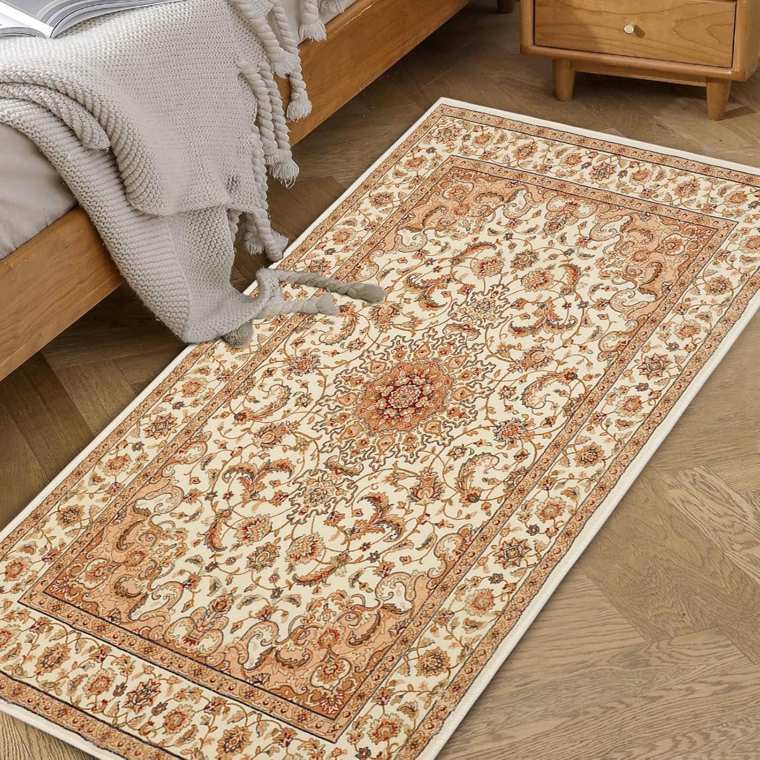 COMSLE Boho Area Rug, 2' x 4' Machine Washable Rugs for Entryway Faux Wool Small Rugs Distressed Throw Rug Non-Slip Floor Carpet for Indoor Bedroom Kitchen Living Room Cream/Beige-2