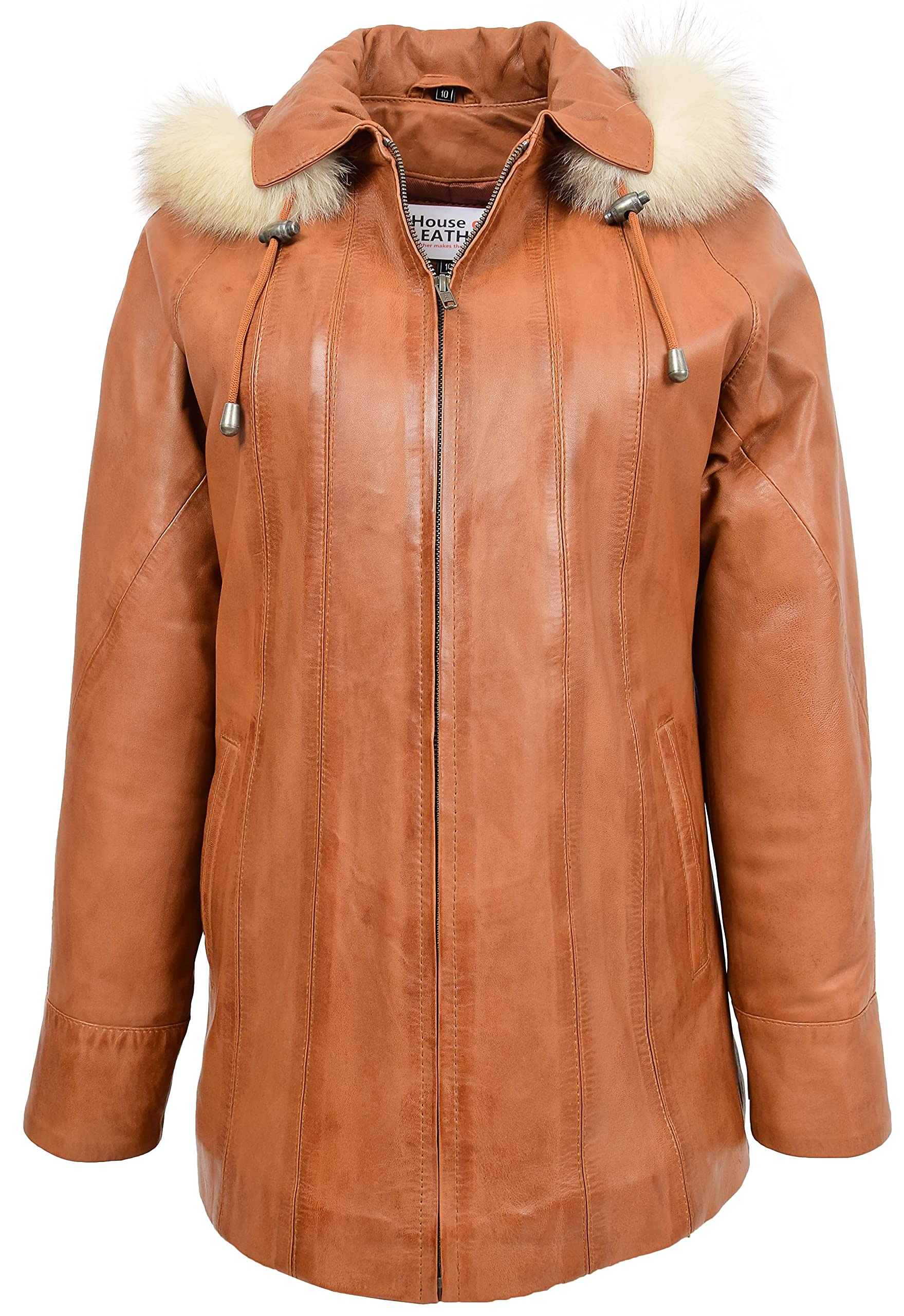 Womens Real Leather Coat Detachable Hoodie Mid Length Style Jane Tan (20)