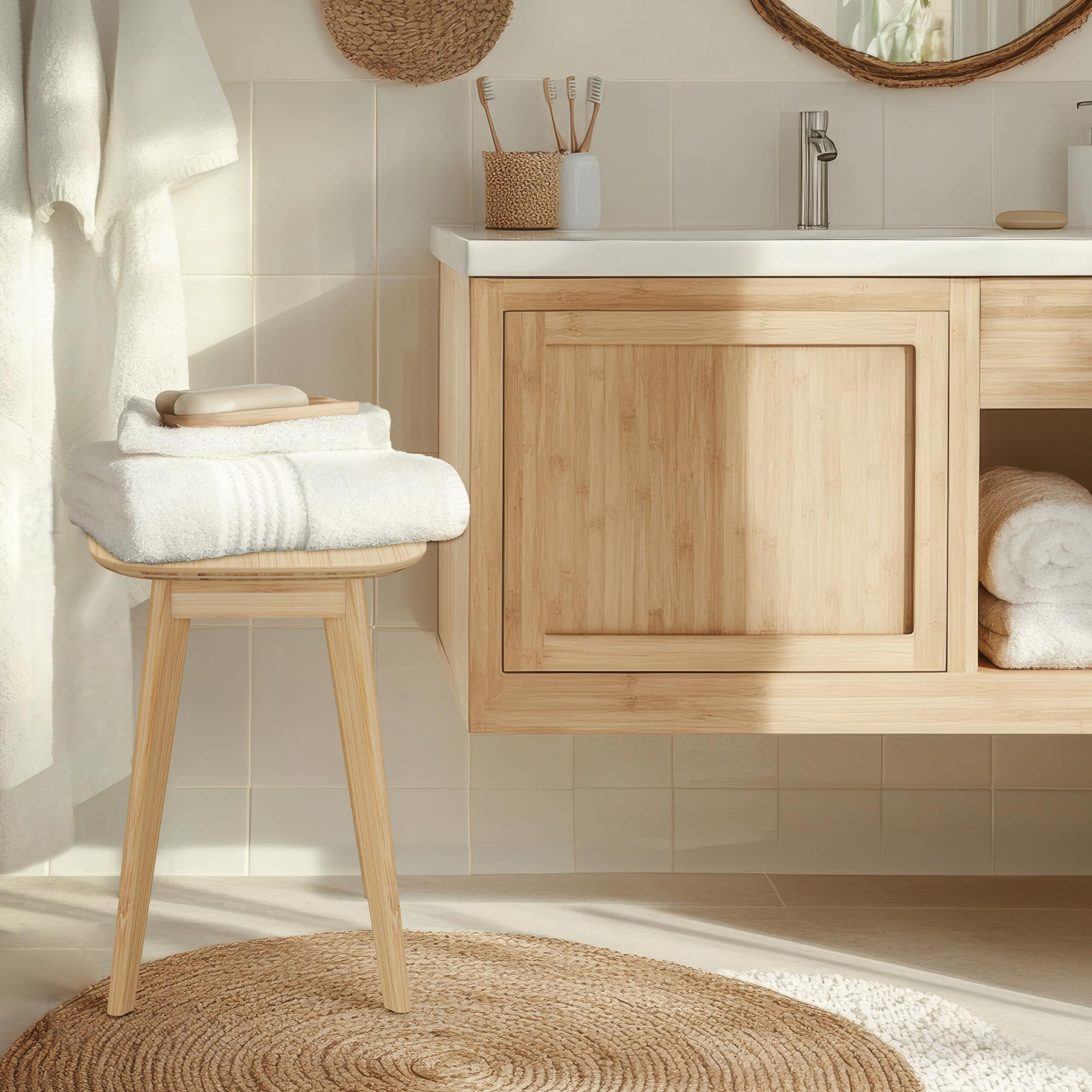Tabourets de Cuisine Relaxdays, 2 sièges, Bambou, Salle de Bain, Couloir, H x L x P : 45,5 x 33 x 33 cm, naturels.