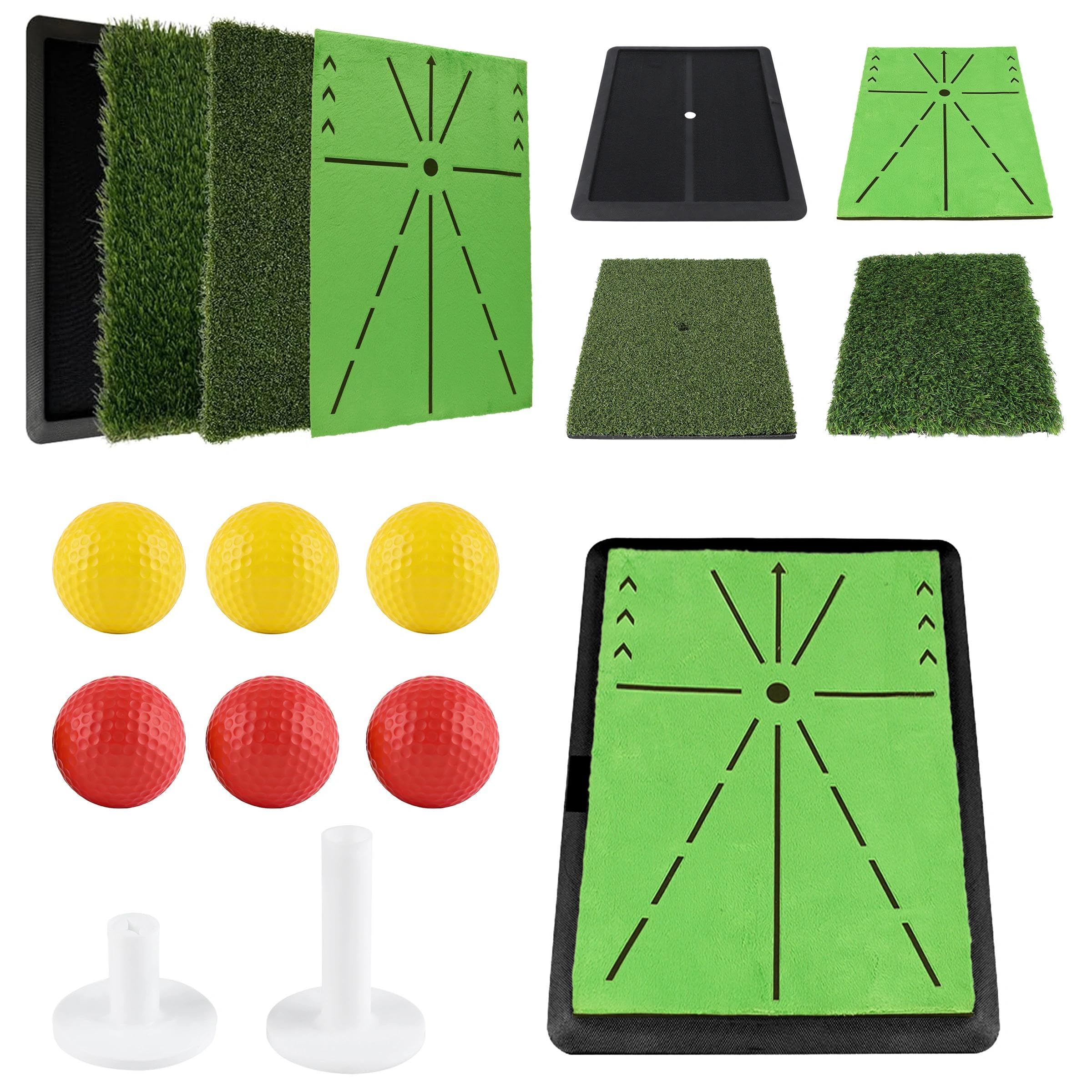 Alfombrilla de práctica de golf, alfombrilla de golf reemplazable, 40 x 30 cm, para interiores y exteriores, con base de goma antideslizante, tri césped, pelota y tees