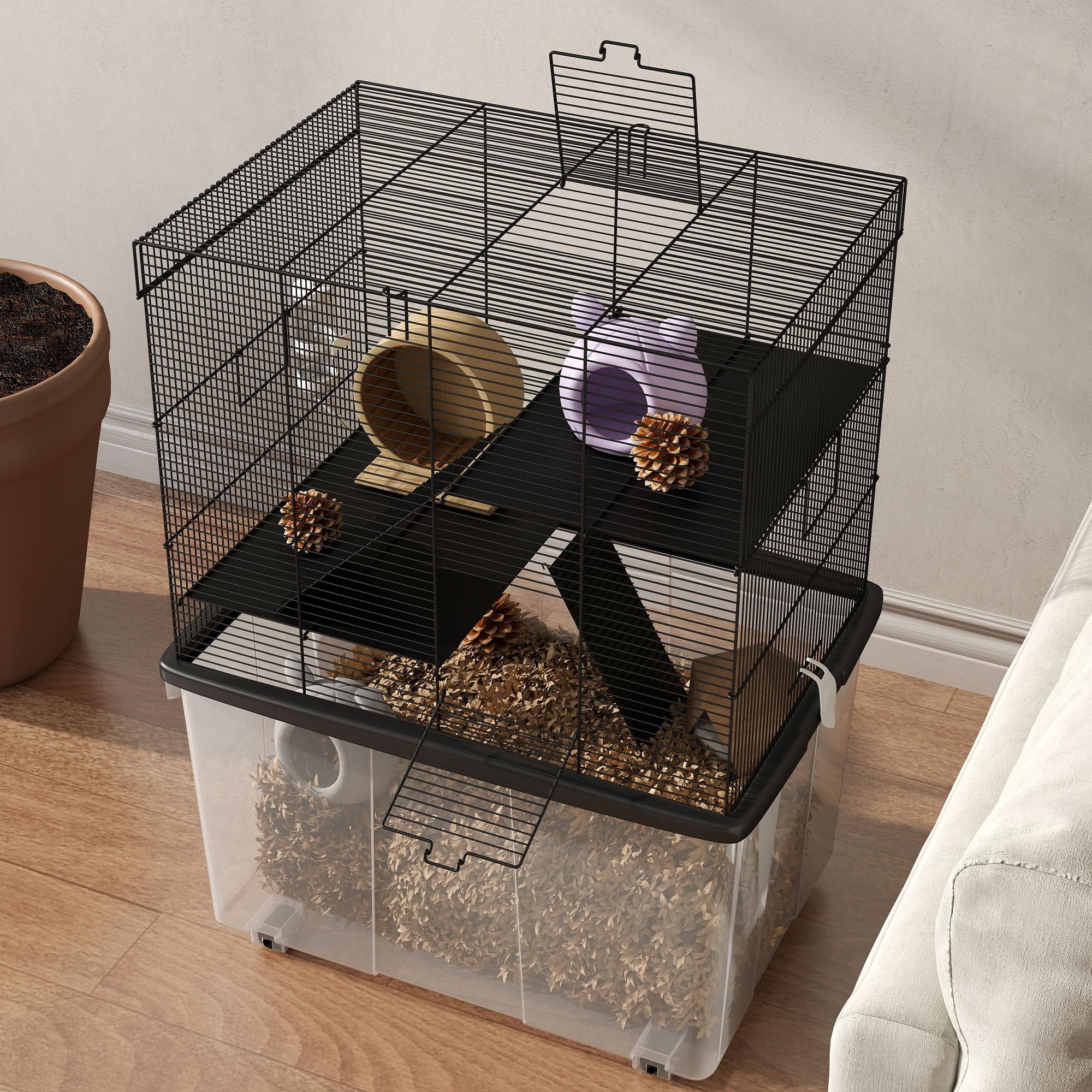 PawHut Gabbia per Criceti a 3 Livelli con Base Profonda 31 cm e Ruote, Casetta per Gerbilli con Rampe, Ciotola, Bottiglia, 58x43x74 cm, Nero
