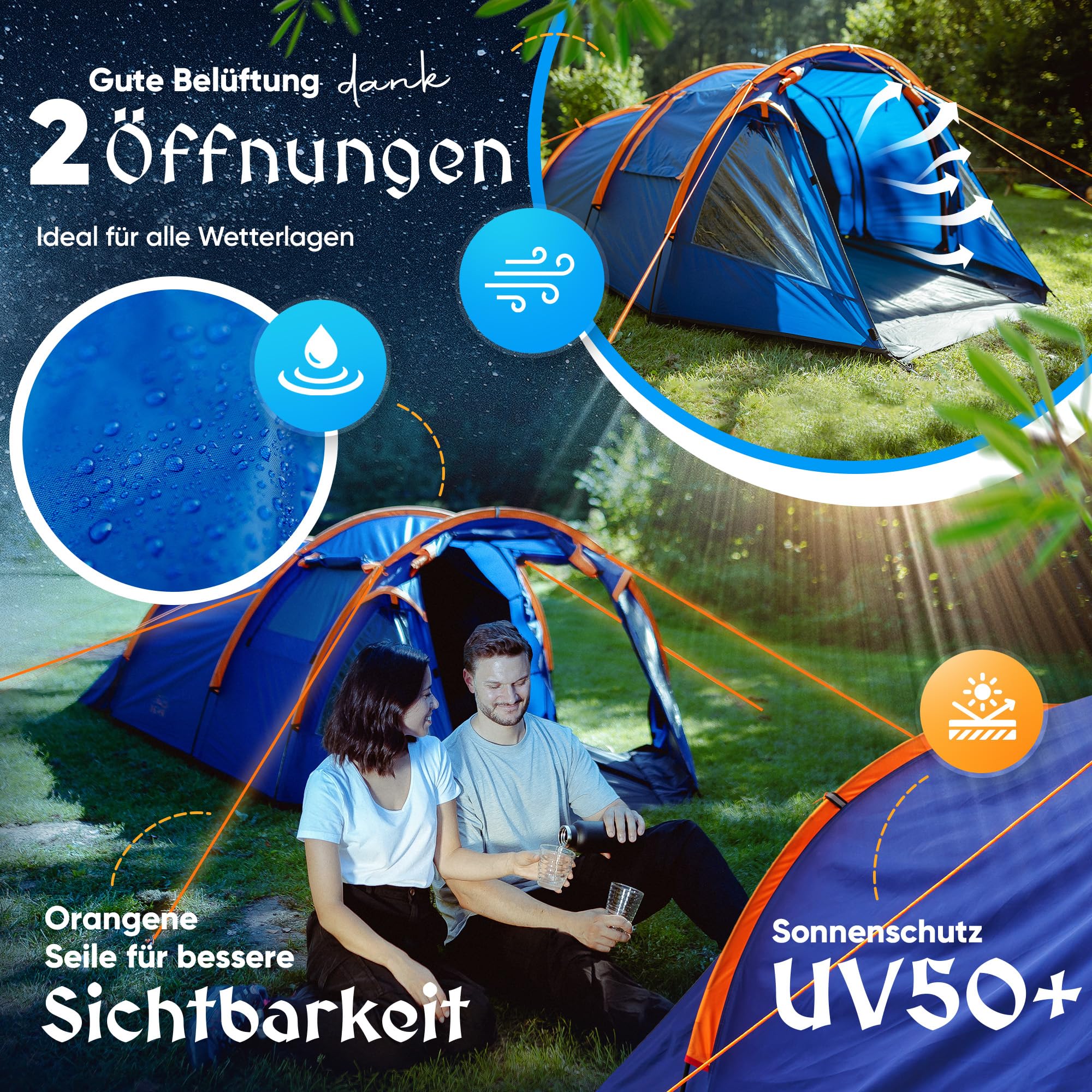 Burgwerk Extra Starkes Tunnelzelt 2 Personen | Großes Vorzelt, dunkle Nachtblaue Schlafkabine, 4000 mm Wassersäule | Vollkommen Wasserdicht und UV-Schutz 50+ für Jede Wetterlage | Outdoor Camping
