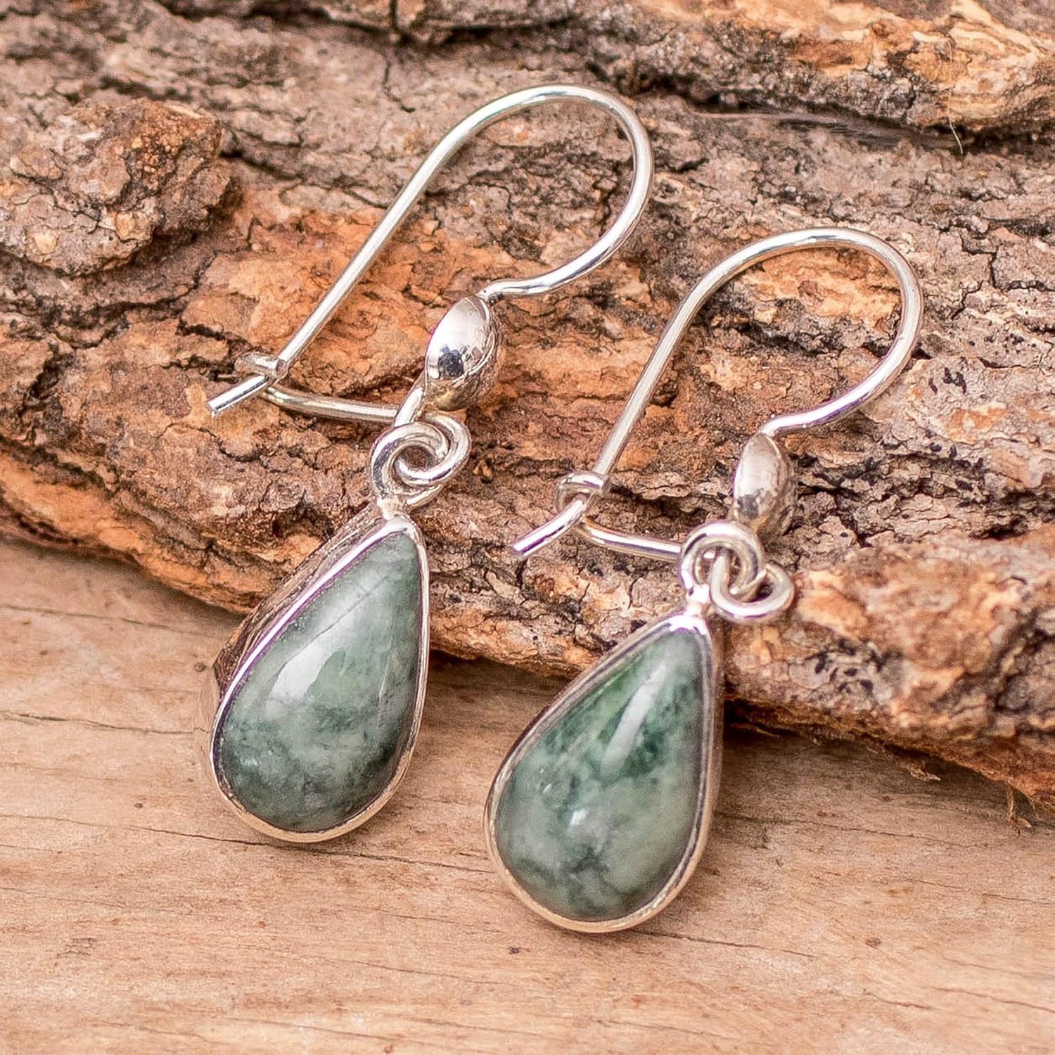 NOVICA Artisan Handmade Jade Dangle Earrings Fair Trade Sterling Silver Green Guatemala Cypress [1.4 in L x 0.4 in W x 0.2 in D] ' Pale Green Tears'