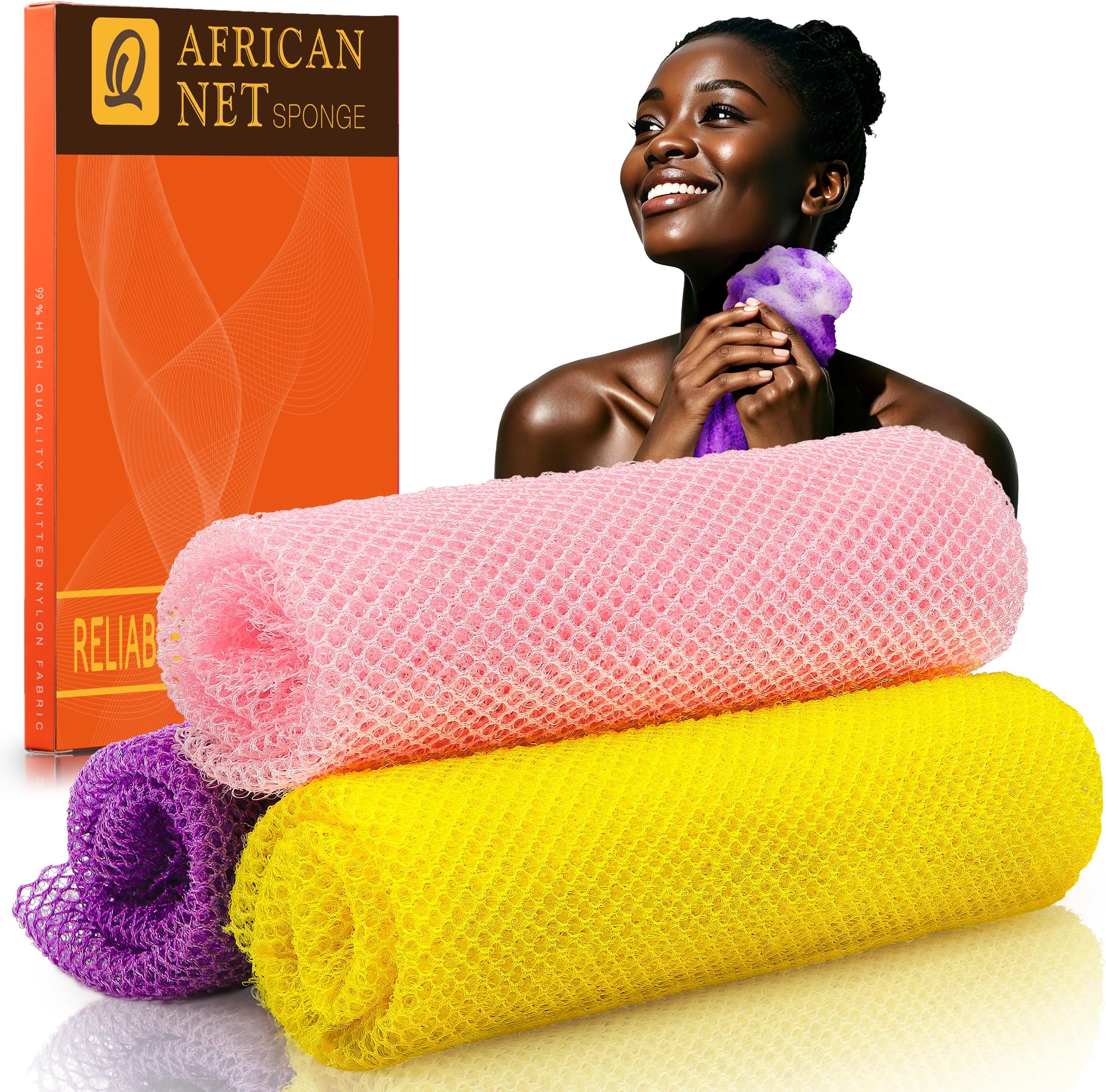 UJFQBH 3 Pieces African Bath Sponge African Net Long Net Bath Sponge Exfoliating Shower Body Scrubber Back Scrubber Skin Smoother,Great for Daily Use (Pink,Yellow,Purple)