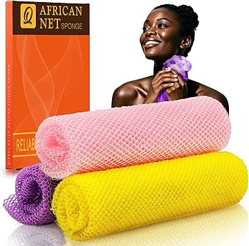 UJFQBH 3 Pieces African Bath Sponge African Net Long Net Bath Sponge Exfoliating Shower Body Scrubber Back Scrubber Skin Smoother,Great for Daily Use (Pink,Yellow,Purple)