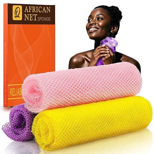 UJFQBH 3 Pieces African Bath Sponge African Net Long Net Bath Sponge Exfoliating Shower Body Scrubber Back Scrubber Skin Smoother,Great for Daily Use (Pink,Yellow,Purple)