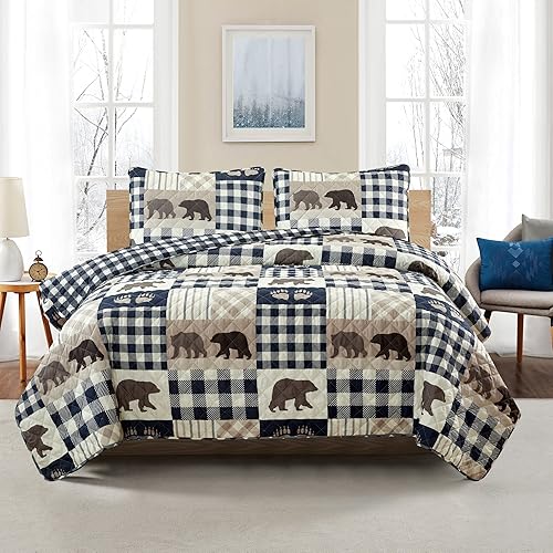Miniatura 7 de Market & Place Juego de edredón reversible de 3 piezas con funda  Juego de edredón de cabina Queen  Ropa de cama rústica de oso búfalo  Colección