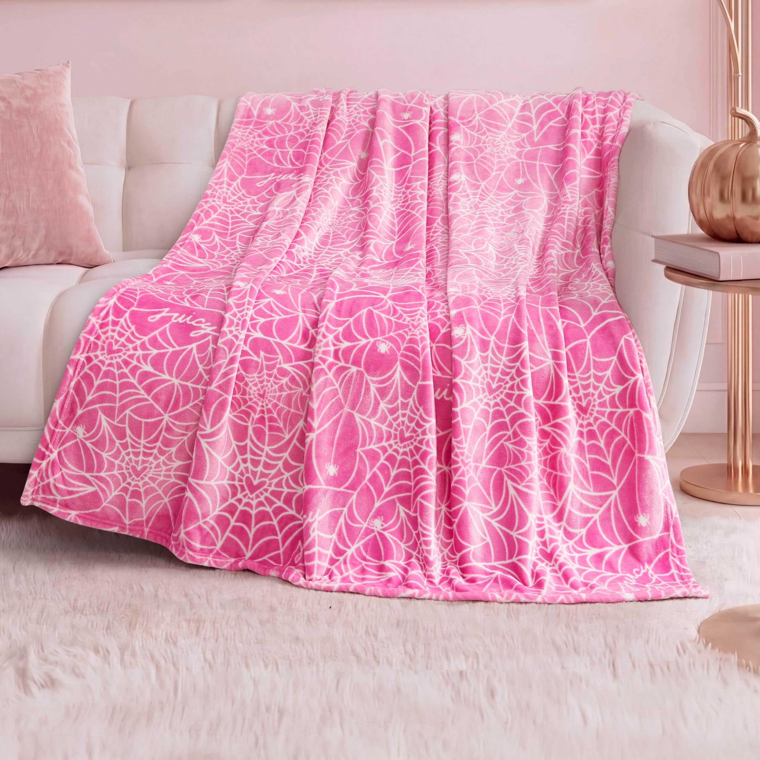 Juicy Couture Heart Spider Webs Halloween Plush Throw Blanket, Hot Pink, 50"x60"