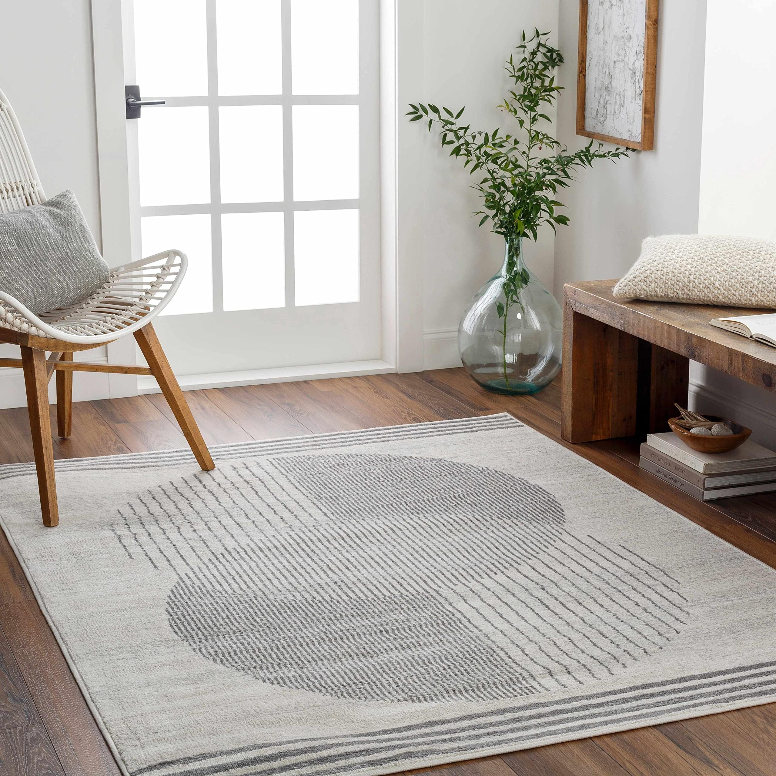 Hauteloom Elvi Living Room, Bedroom Area Rug - Contemporary - Cream, Charcoal, Light Slate - 239cm Round