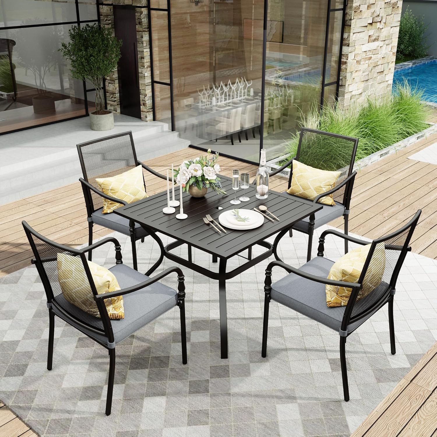 HERA'S HOUSE Patio Table and Chairs Set, 83" Rectangle Table with 8 Cushioned Armrest Chairs, 9 Pieces Outdoor Patio Dining Sets for Backyard Garden Lawn