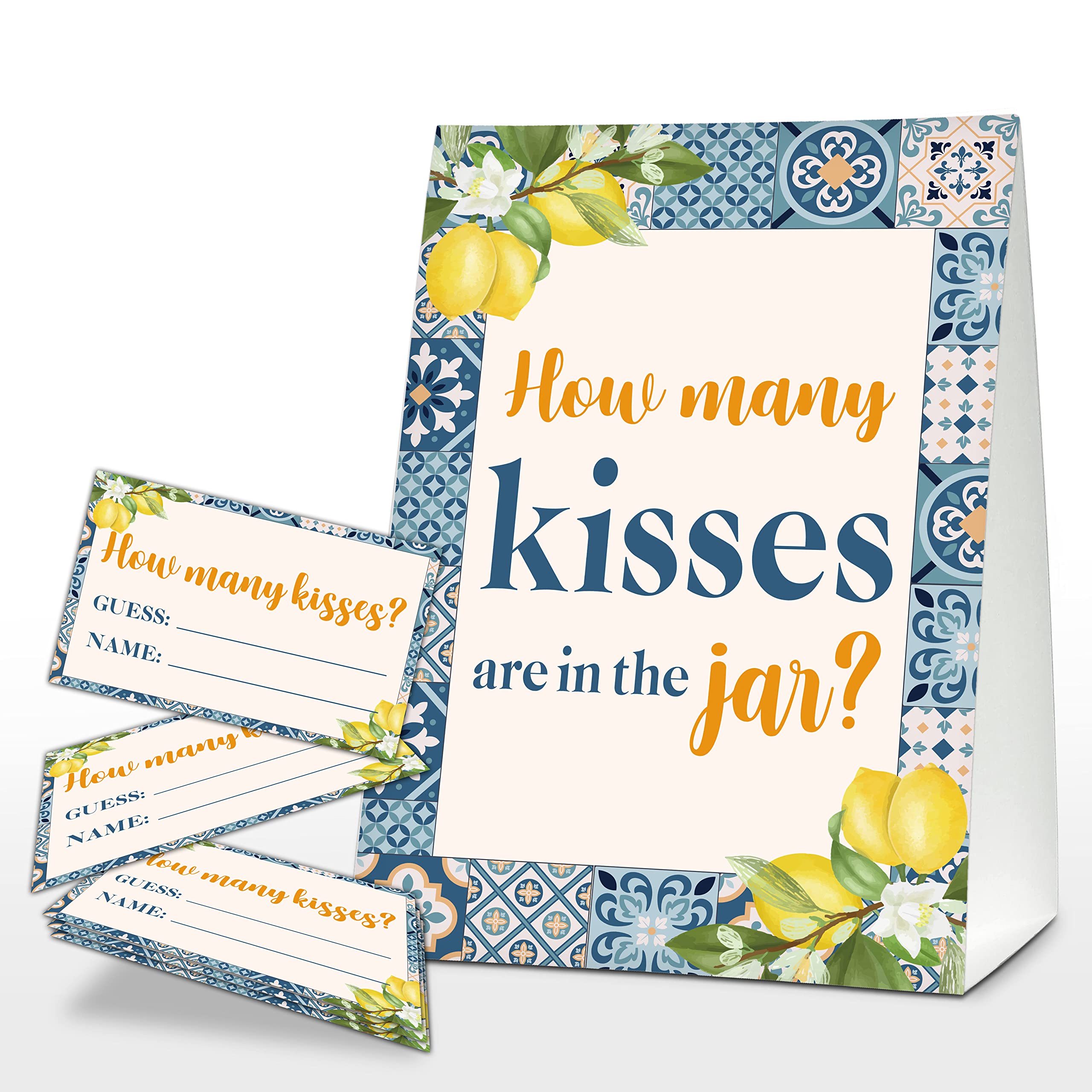 How Many Kisses Are In The Jar Sign, Mediterranean Lemon Bridal Shower Game, Italian Blue Tiles Baby Shower Sign & Tickets, Wedding,(1 Sign + 50