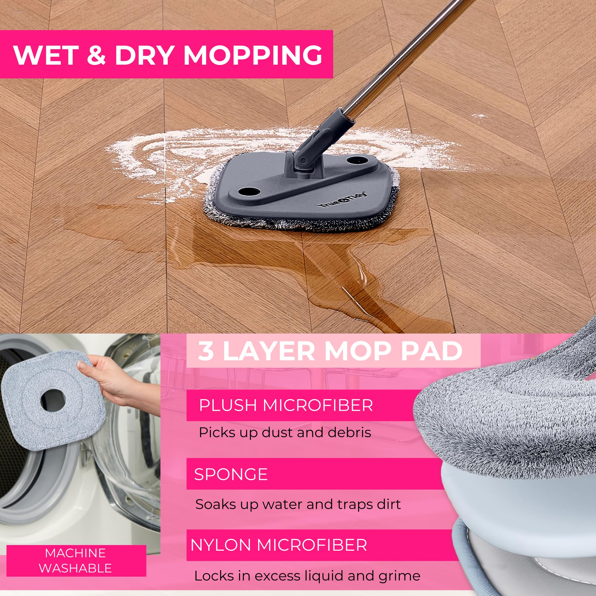 True & Tidy True Clean Mop spinningowy i system wiadra, w zestawie mop spinningowy, wiadro do mopa dwukomorowego, silikonowa zamiatarka podłogowa, 2 grube zmywalne podkładki do mopa z mikrofibry,