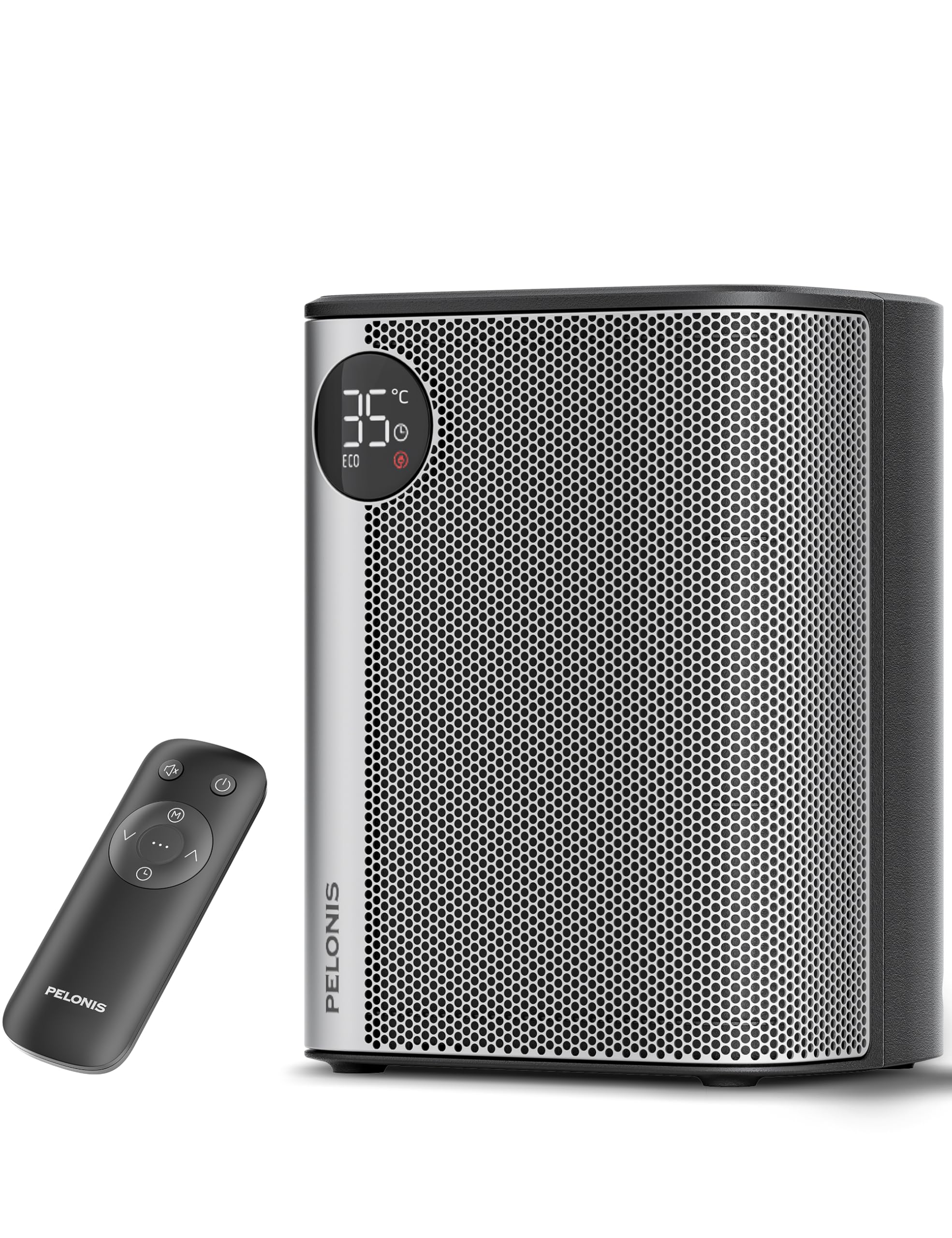 PELONIS Mini termoventilatore in ceramica, 2000 W con telecomando, riscaldamento rapido 2S, 5 livelli con modalità ECO, display LED, riscaldamento da tavolo ultra silenzioso per ufficio e casa