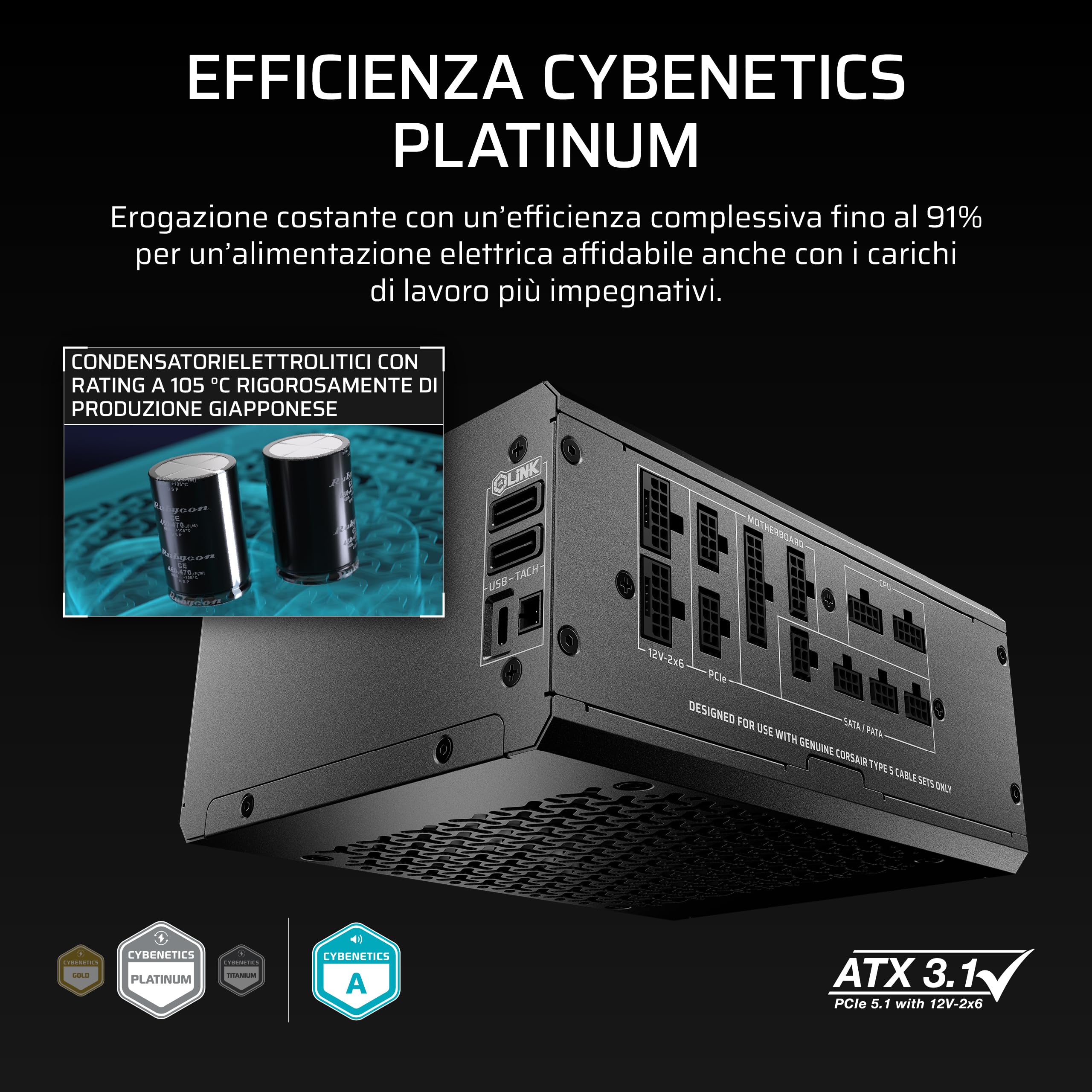 CORSAIR HX1500i SHIFT Alimentatore ATX completamente modulare – Nero | Hub di sistema iCUE LINK integrato, doppi cavi nativi 12V 2x6, ATX 3.1 e PCIe 5.1, Cybenetics Platinum
