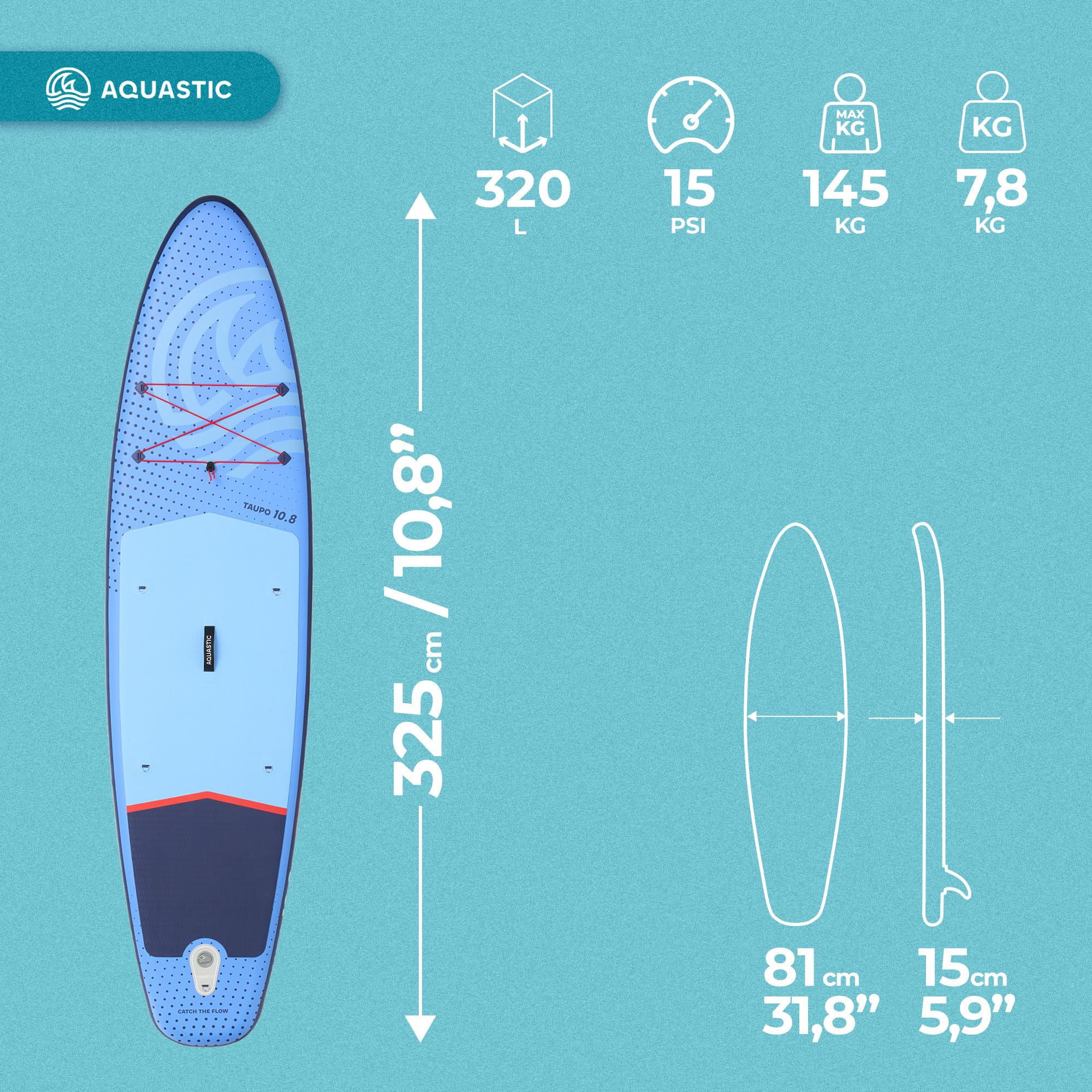 AQUASTIC Taupo SUP Board 10'8" Allround – aufblasbares Stand Up Paddle Board mit Paddel, Pumpe & Rucksack