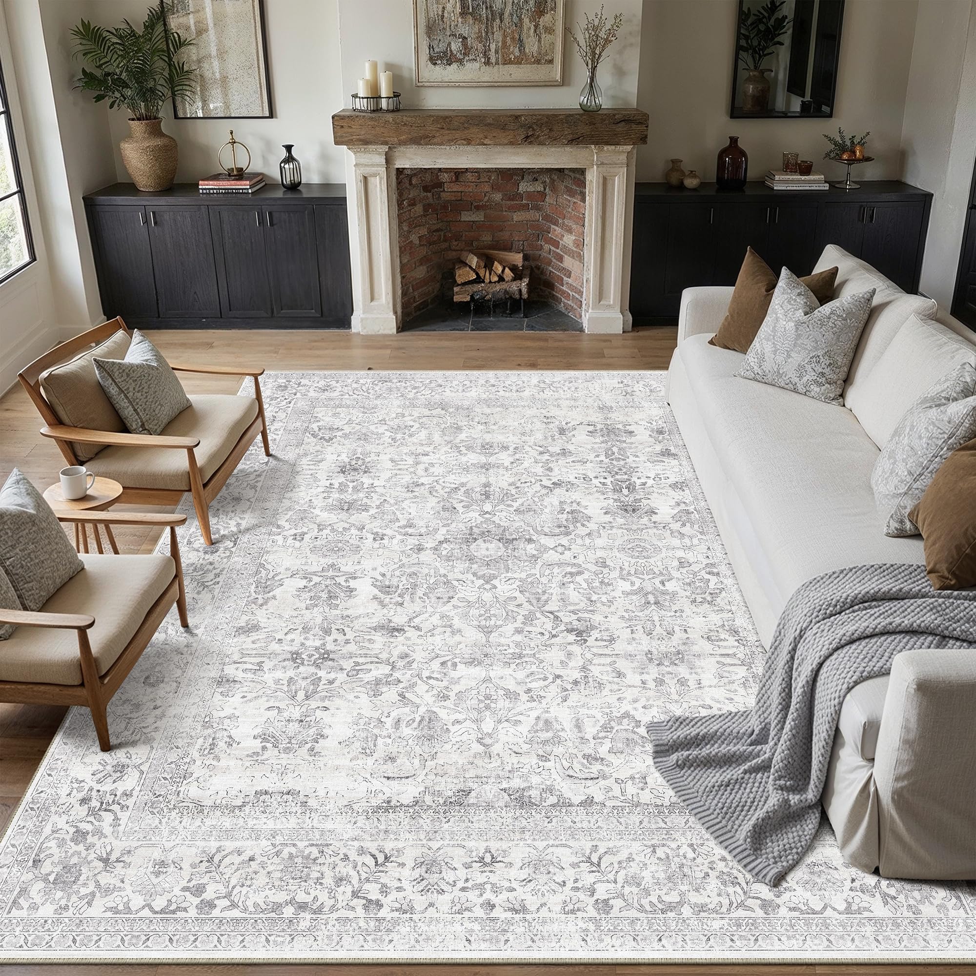 purecozy 8x10 area rug non slip large vintage living room distressed washable carpet traditional indoor bedroom grey retro floral accent throw rug for office kitchen dorm dining room,grey