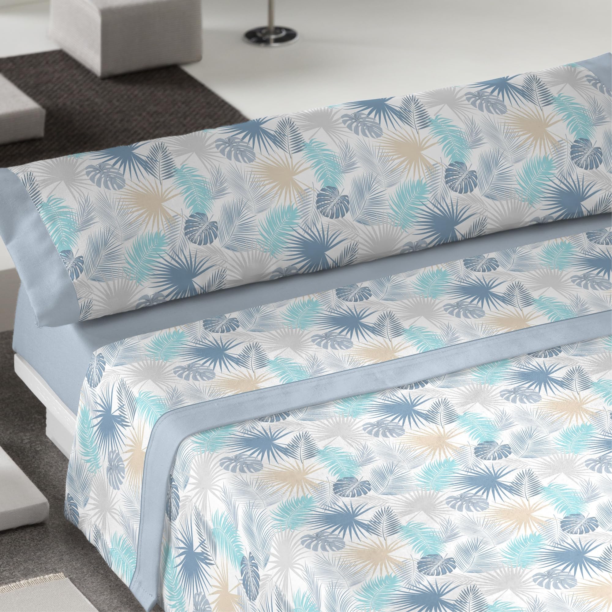 Cisne Rojo Juego de Sabanas Verano. Juego Sabanas Todo el Año. Sabanas Frescas. Sabanas Estampadas. Modelo Caribe. Color Celeste. Cama 90 cm (200048-90-C)