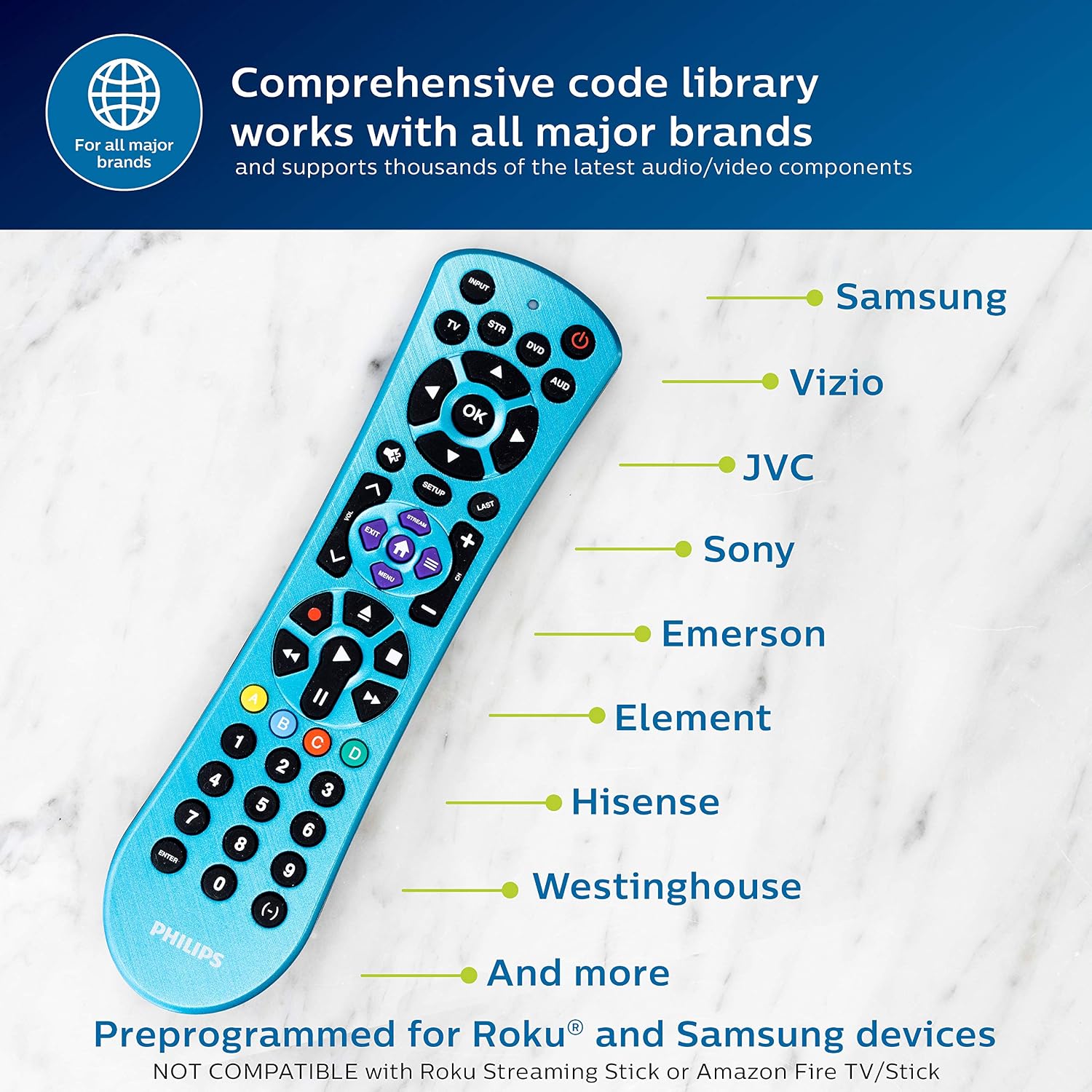 Philips Universal Remote Control, Universal TV Remote Replacement, Samsung TV Remote Control Universal, for Roku Remote Replacement, Vizio, LG, Sony, Apple TV, Smart TVs, 4 Device, Blue, SRP4229B/28