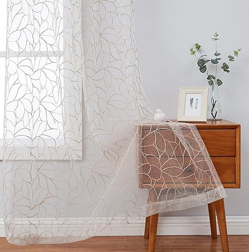 Miniatura 3 de LINENZONE Cortinas transparentes de gasa bordadas, juego de dos niveles, bolsillos para poste con diseño contemporáneo, para sala de estar, cocina,