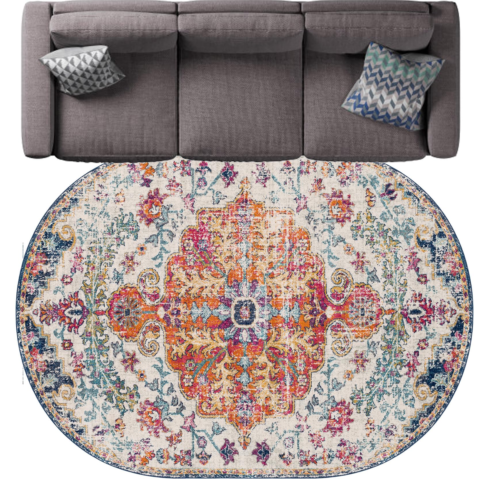 Tapis ovale vintage floral rouge orange jaune bleu pour salon et bureau 120x170 cm