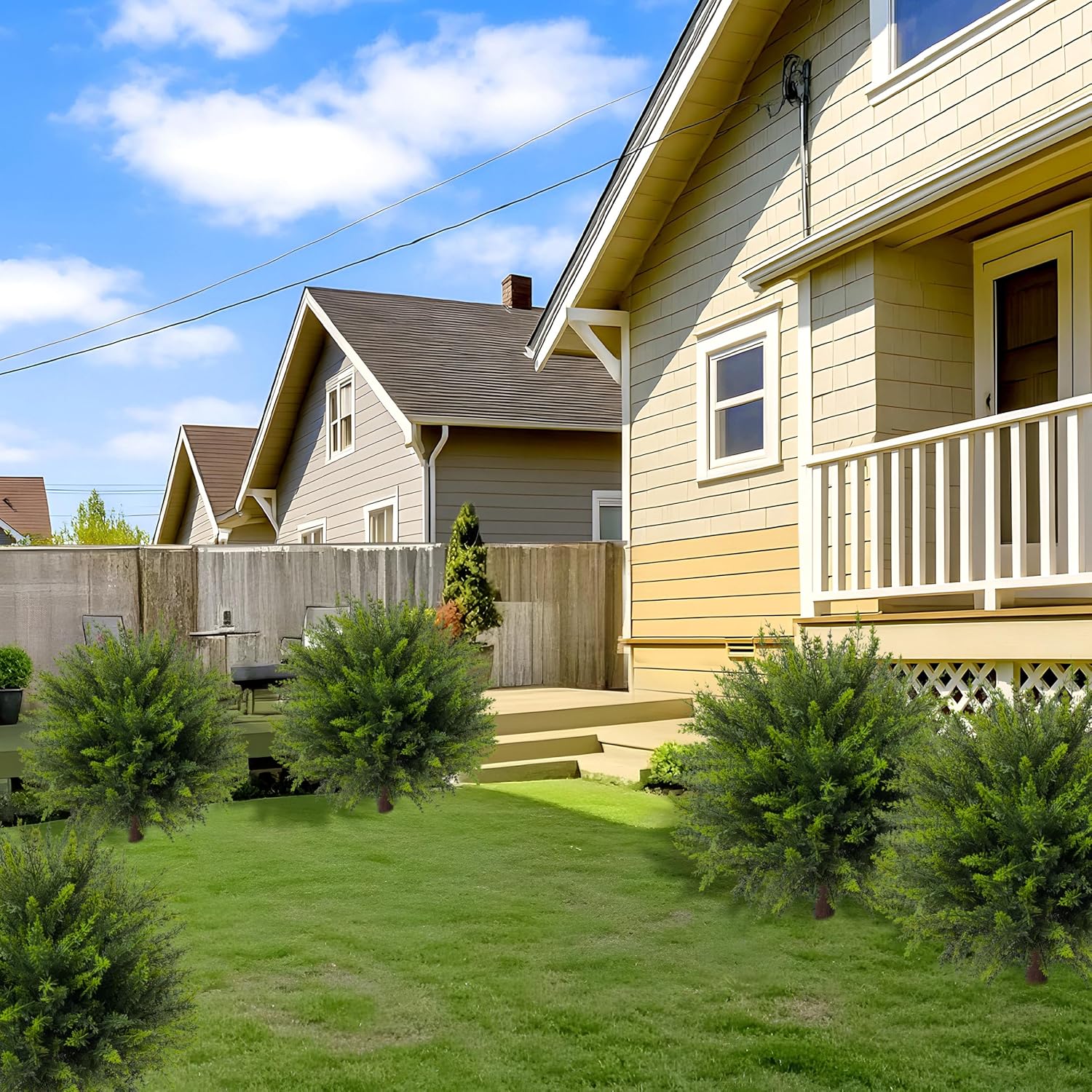 24.5 Inch (H) Artificial Cedar Topiary Ball Trees, Set of 4 Fake Shrub Bushes with Ground Spike, UV Resistant Faux Cypress Greenery Decor for Outdoor Garden, Patio, Front Porch, and Indoor Use