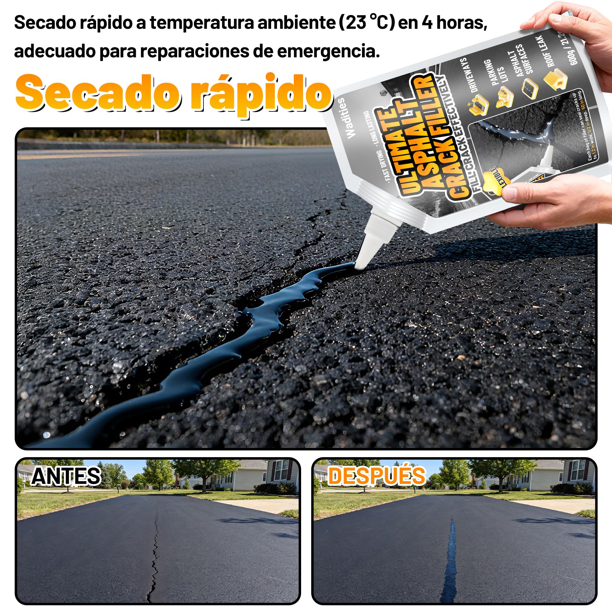 Relleno para grietas en asfalto 3.6kg, sellador impermeable autonivelante para reparación de entradas de vehículos, pasillos, juntas de hormigón, sellador de secado rápido para exteriores - Negro