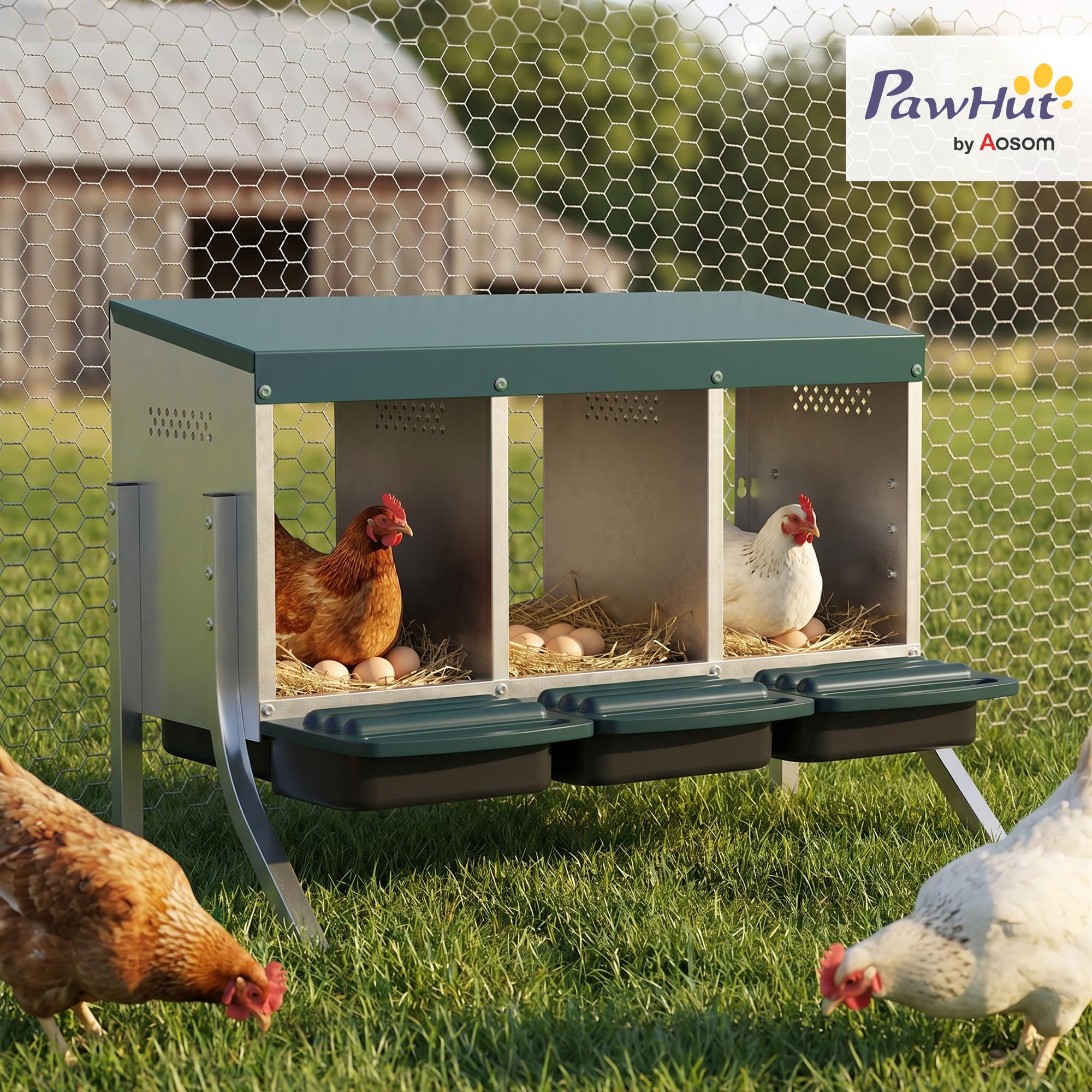PawHut Legenest für Hühner, Abrollnest mit Belüftungslöchern, 3 Fächer, Hühnernest für 3 Hühner, Geflügelnest für Kleintierstall 84 x 55 x 61 cm, Silber
