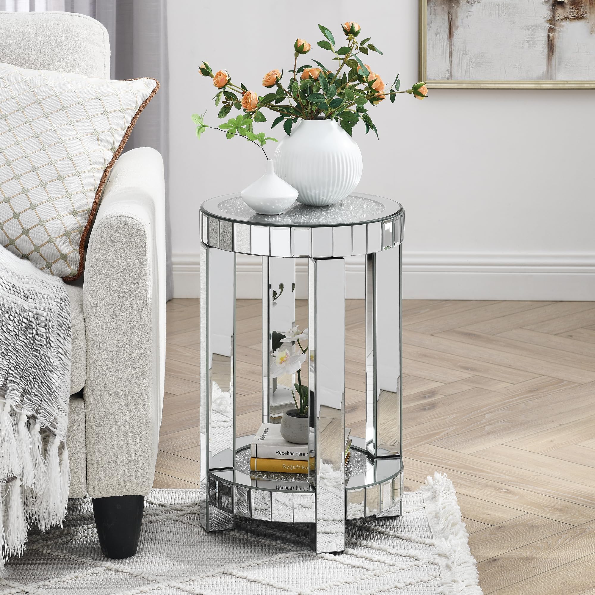 Silver Mirrored Side Table with Crystal Inlay for Small Spaces, Luxury Modern Small Mirrored Bedside Table Nightstand End Table for Living Room Bedroom Home Office (A)