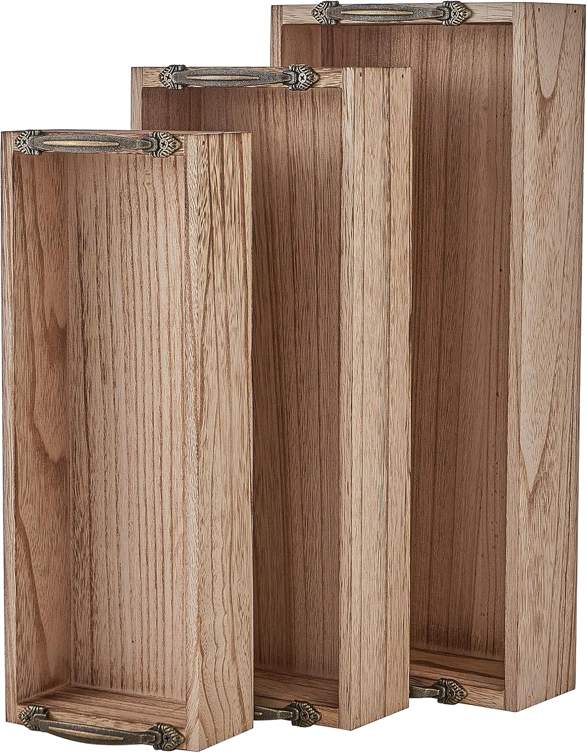 3pcs Burnt Narrow Wooden Serving Trays(13.8"/15.2"/16.5") with Decorative Antique Metal Handles - Sink Vanity Trays/Farmhouse Decor Rectangular Tray for Coffee Table/Bed Food,Breakfast,Dessert,Tea