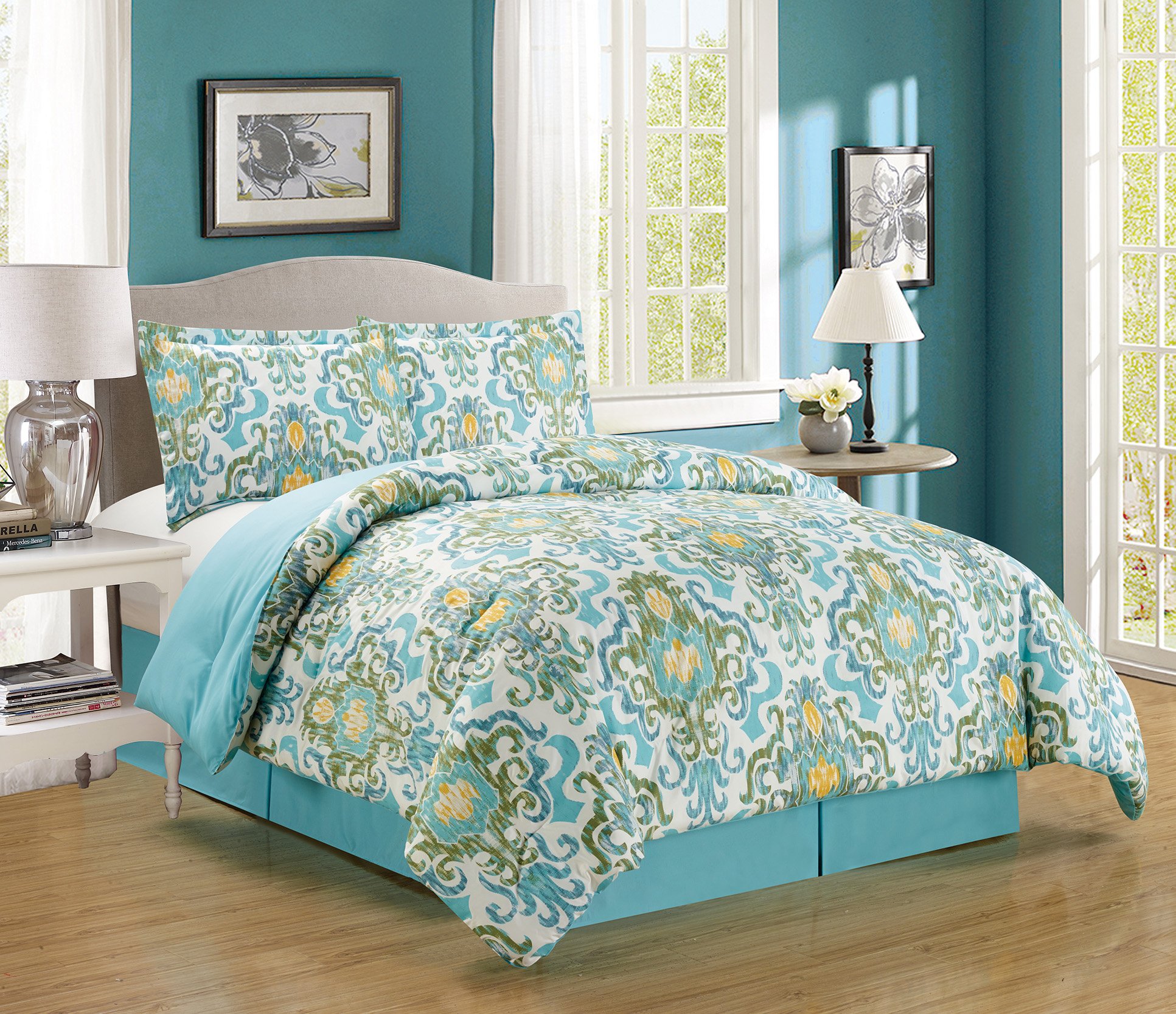 Grand Linen3-Piece Fine Printed Comforter Set Reversible Goose Down Alternative Bedding Twin, Full/Queen, King/Cal King Full/Queen Green COMIN18JU092718