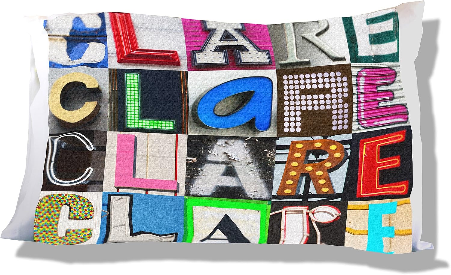Personalized Pillowcase featuring CLARE in photos of sign letters