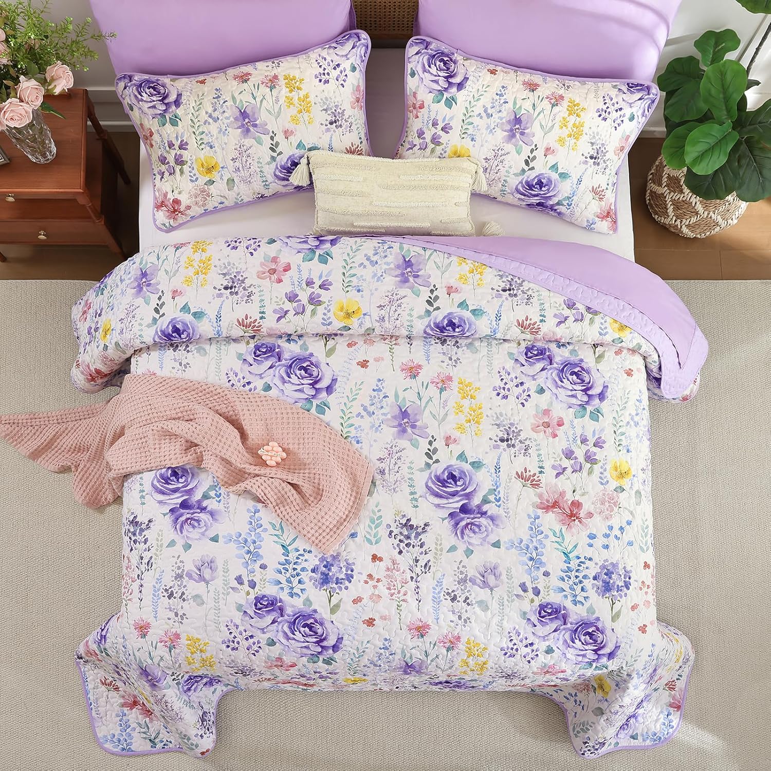 WONGS BEDDING Botanical Quilt Set King Size, Purple Floral Leaves Pattern Bedspread Coverlet Set, 3 Piece Soft Microfiber Bedding Set with 2 Pillowcases for All Season (104"x90")