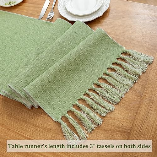 Miniatura 5 de Laolitou Camino de mesa verde de 72 pulgadas de largo, camino de mesa bohemio de granja, textura de lino de arpillera, decoración de mesa de comedor