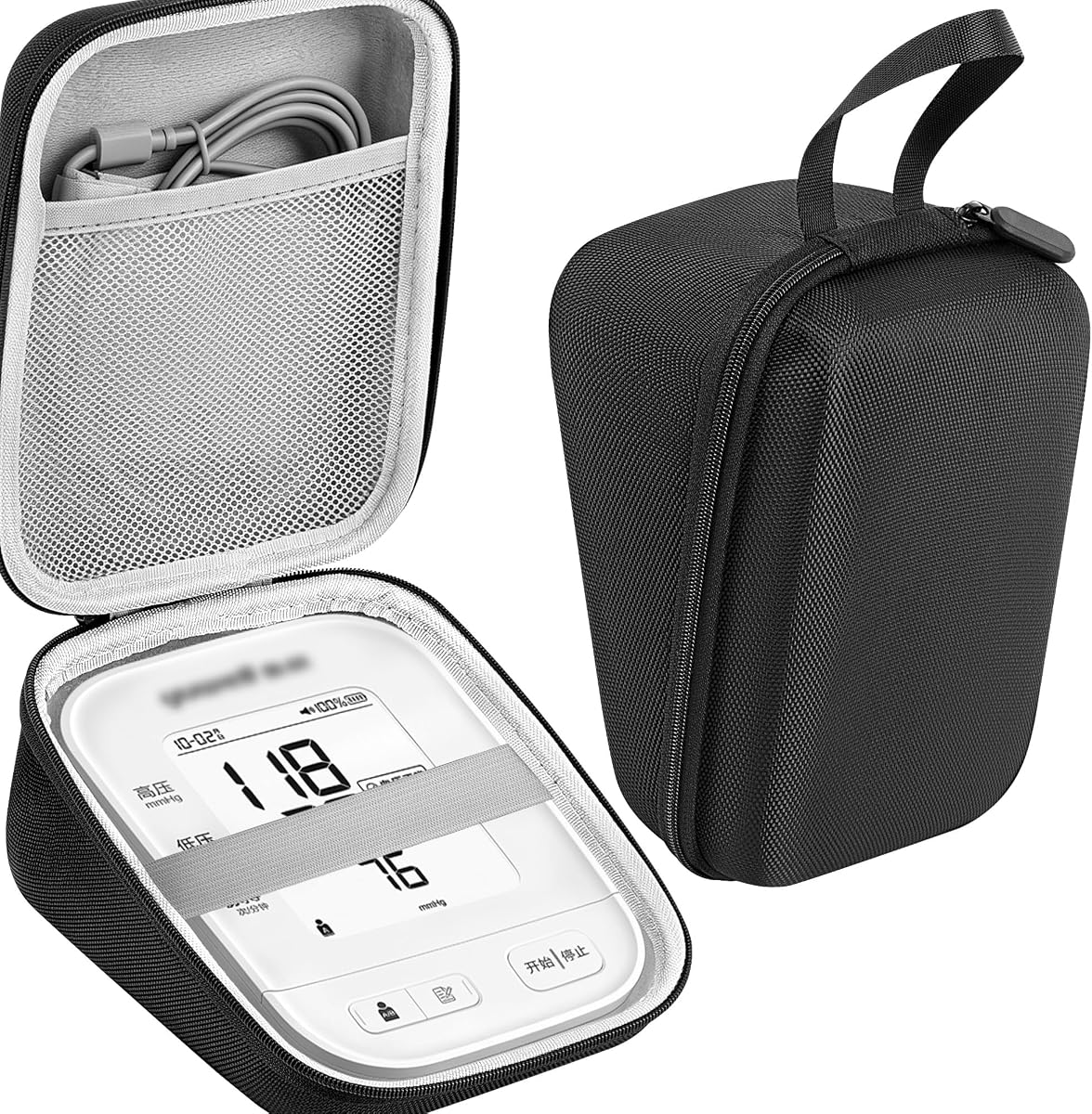 Hard Case for Blood Pressure Monitor, Shockproof Travel Bag, Black | SHOCKPROOF HARD SHELL, Features rigid EVA structure and mesh pocket. Includes elastic security band