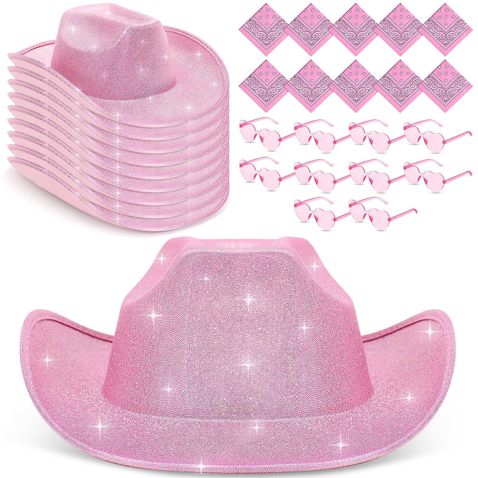 Xaztr 30 Pack Pink Cowboy Hats Multipack, Sparkle Cowboy Hats with Heart Sunglasses and Bandanas, Fancy Dress Western Cowgirl Hat for Western Theme Cowgirl Party