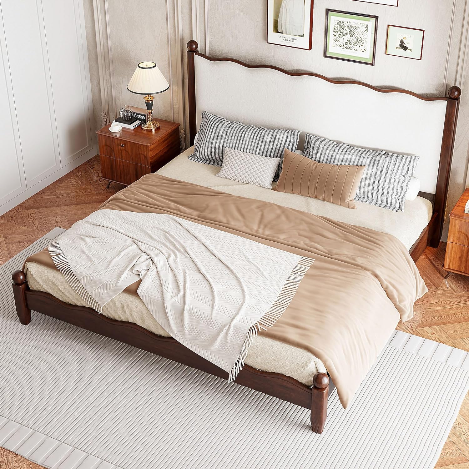Ball & Cast Queen Bed Frame with Upholstered Headboard, Wood Platform Bed Frame Queen Size with Wood Slats Support, No Box Spring Needed,Noise Free, Easy Assembly, Beige+Espresso