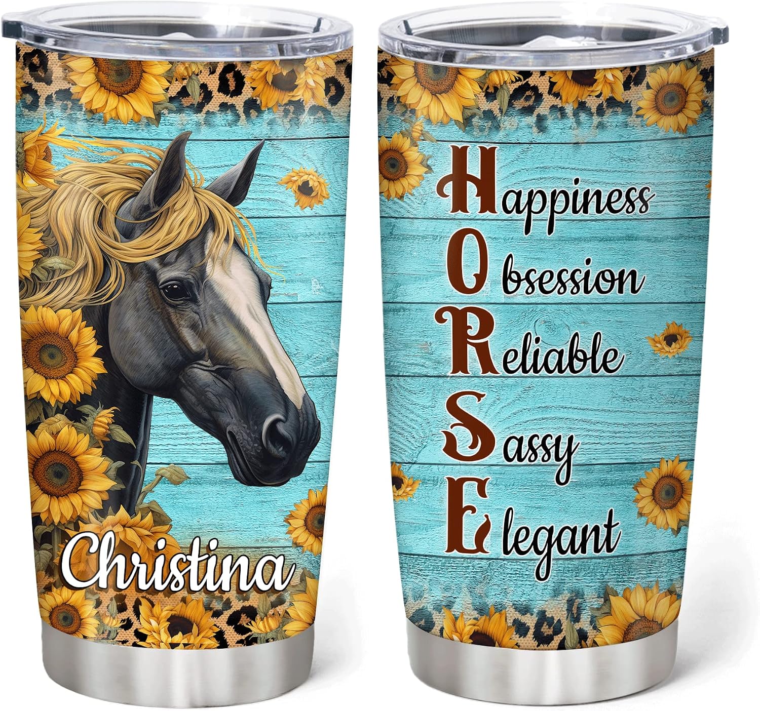 Hyturtle Personalized Gifts For Horse Lover - Horse Prints Custom Name Stainless Steel Tumbler 20oz With Lid - Idea Farm Animal Lover Gifts For Women Girl On Birthday, Christmas
