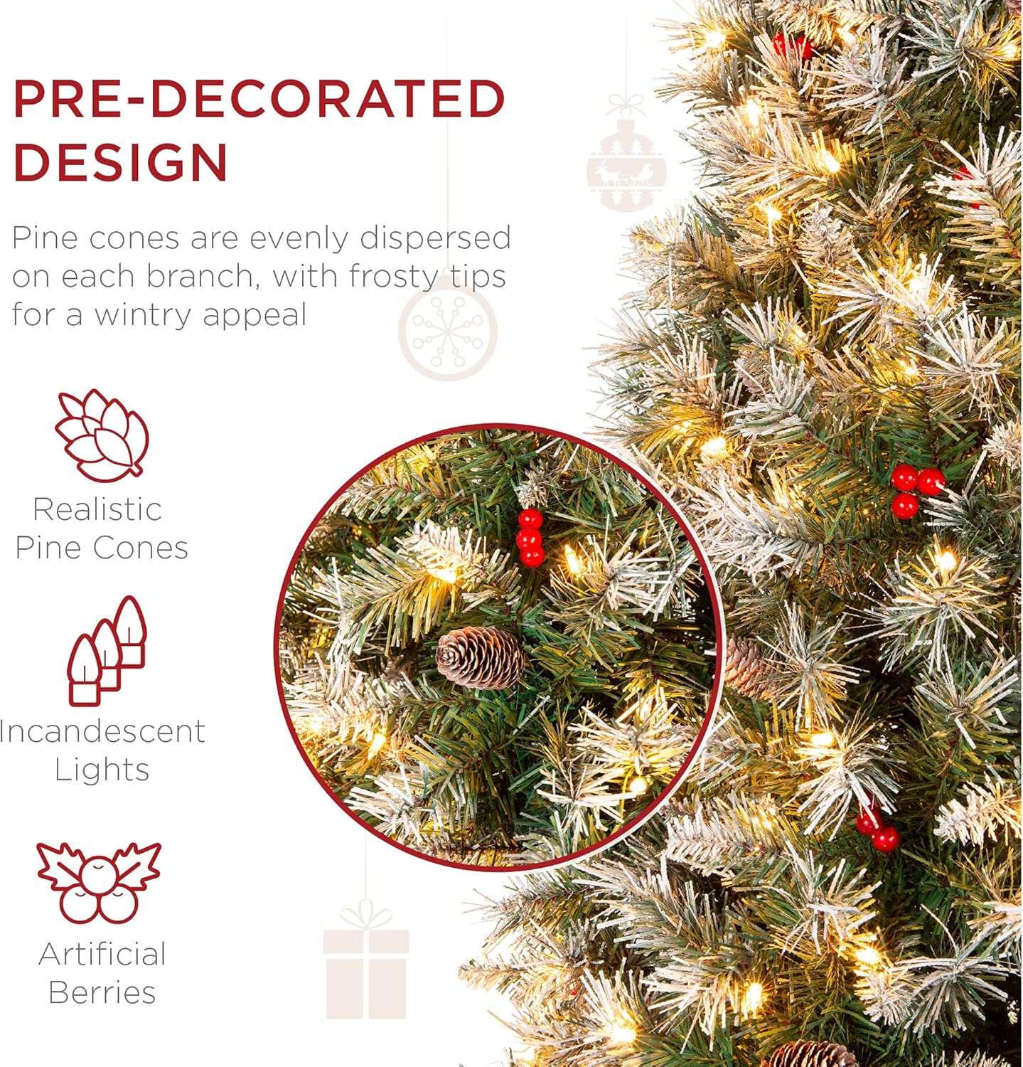 Best Choice Products 6ft Pre-Lit Pencil Christmas Tree, Partially Flocked Pre-Decorated for Home, Skinny Frosted Holiday Tree w/ 618 Tips, 250 Lights, Pine Cones, Metal Hinges & Base