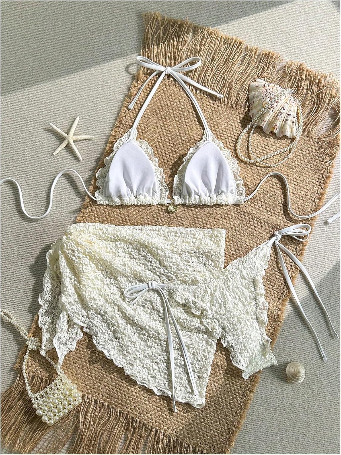 MAKEMECHIC Women's 3 Piece Summer Bathing Suit Floral Lace Seashell Triangle Bikini Sets with Beach Sarongs - Image 3
