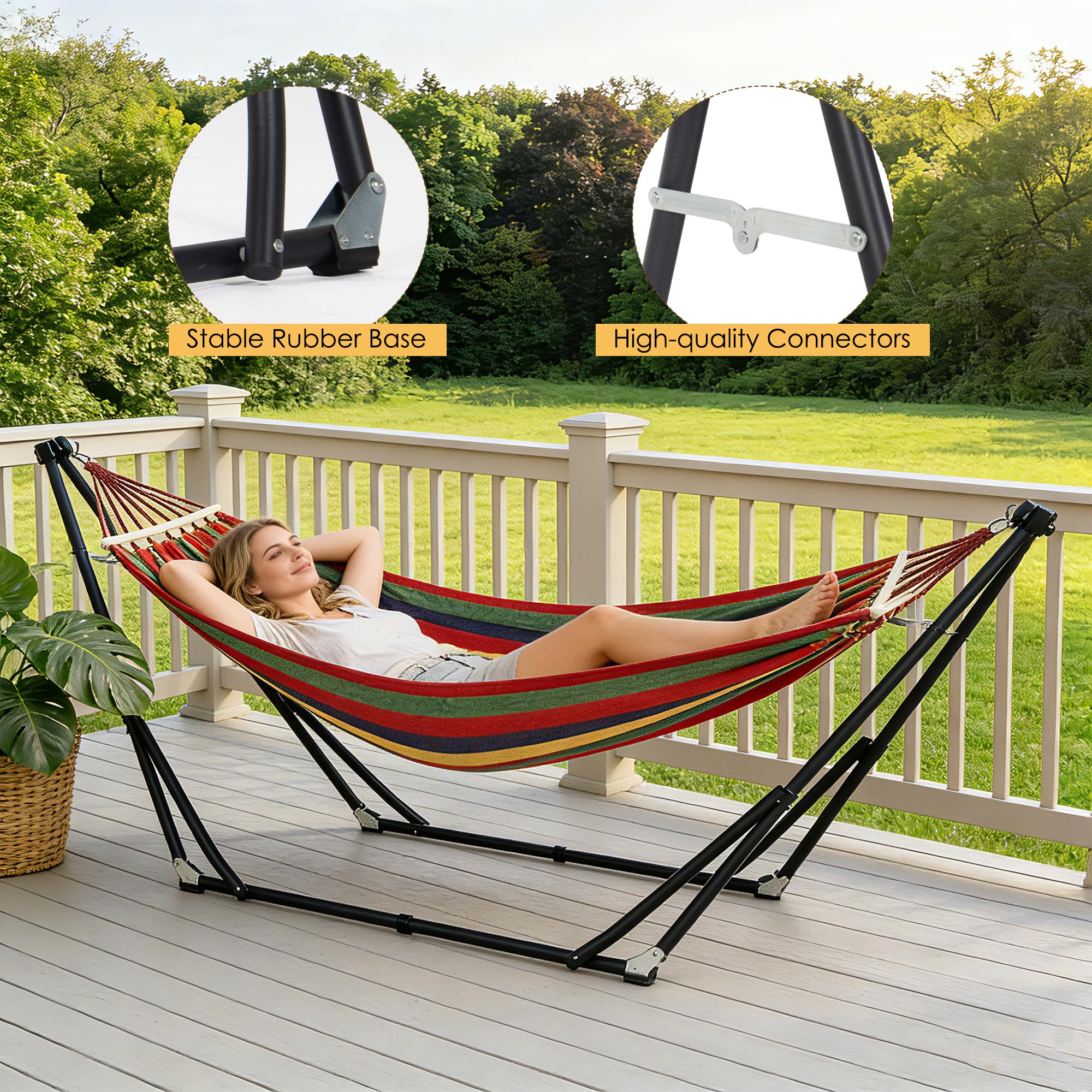 SogesPower Hamaca 2 en 1 con estructura de acero plegable y bolsa de transporte – Columpio portátil para jardín, balcón, camping y apartamento – Rayas coloridas rojas