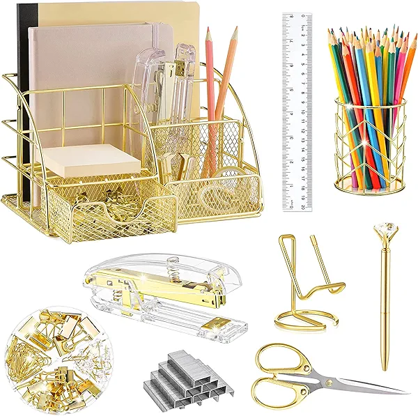 KAAKOW Gold Desk Organizers and Accessories Office Supplies Set Stapler, Pen Holder, Phone Holder, Scissors, Pen, Ruler, 30 Paper Clips, 22 Binder Clip, 20 Tacks and 1000pcs Staples (Gold)