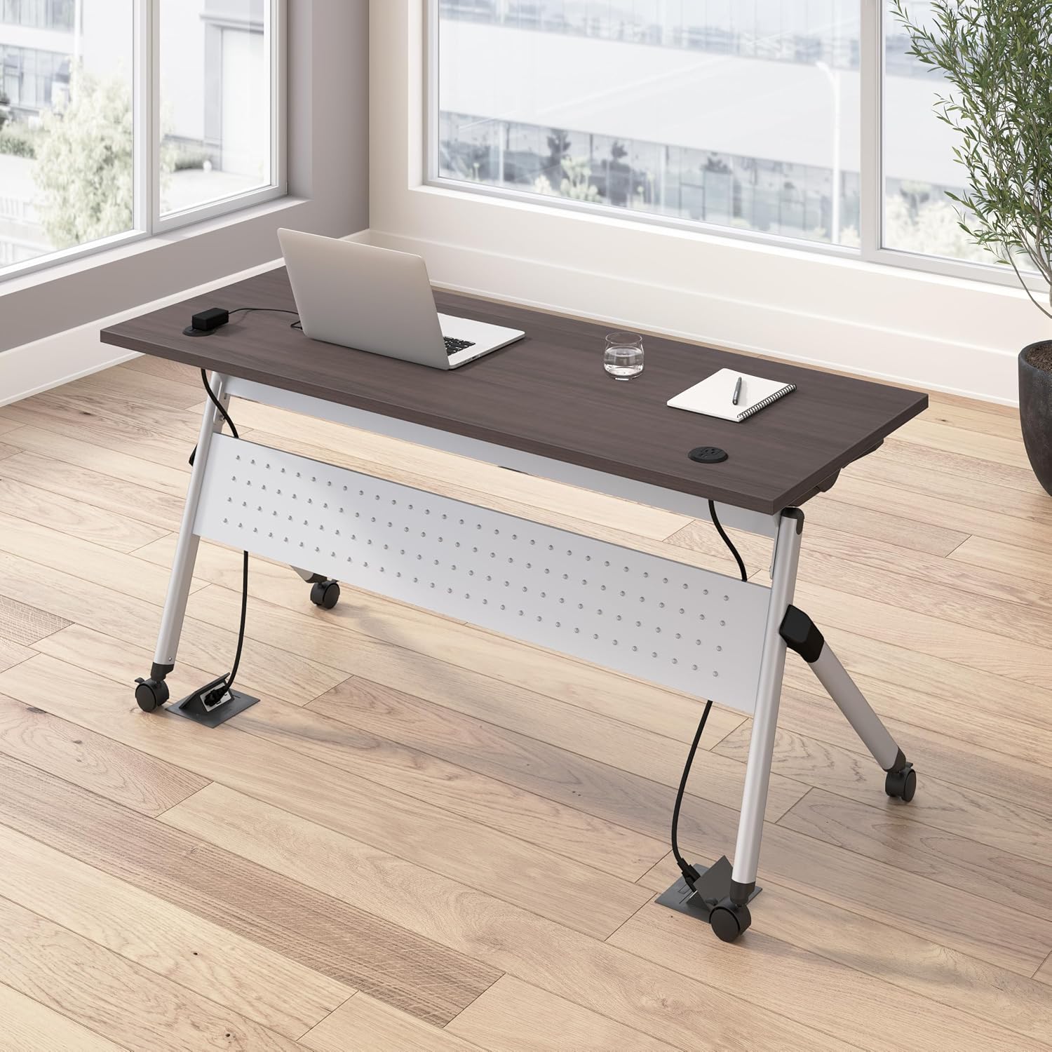 Bush Business Furniture Folding Training Table, 60 inch Desk with Powered Grommets, Commercial-Grade Bundle for Office or Classroom, Envision Collection, Gray
